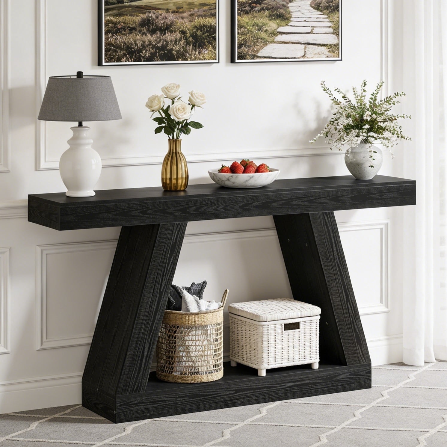 Fnova 55" Farmhouse Console Table, 2-Tier Storage Sofa Table, Long Wood Entryway Table for Hallway, Living Room, Easy Assembly,Black