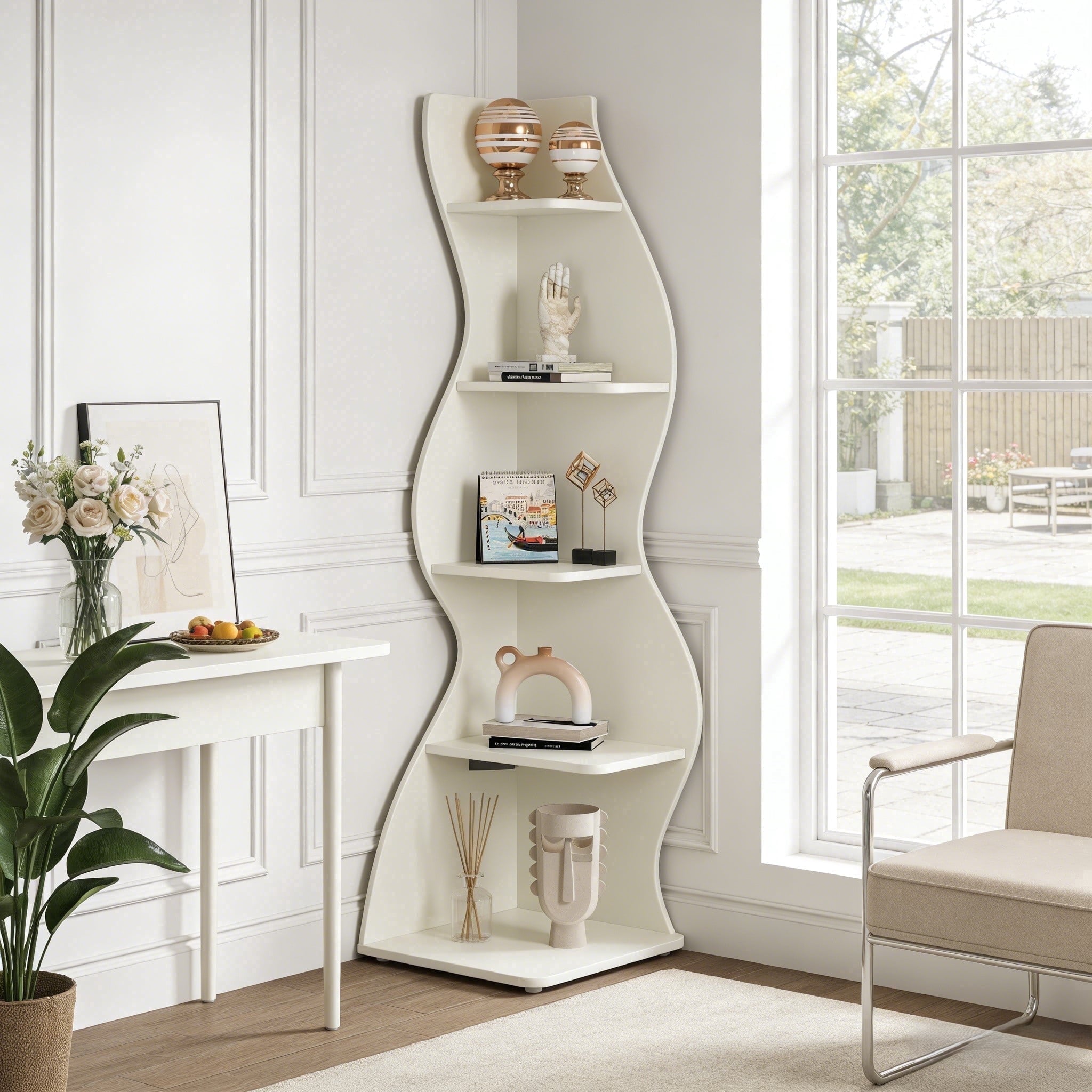 Fnova 70" 5-Tier Corner Shelving Unit, Modern Tall Storage Shelf Bookcase Plant Stand Organizer Unit for Home Office Living Room Bedroom, White,White