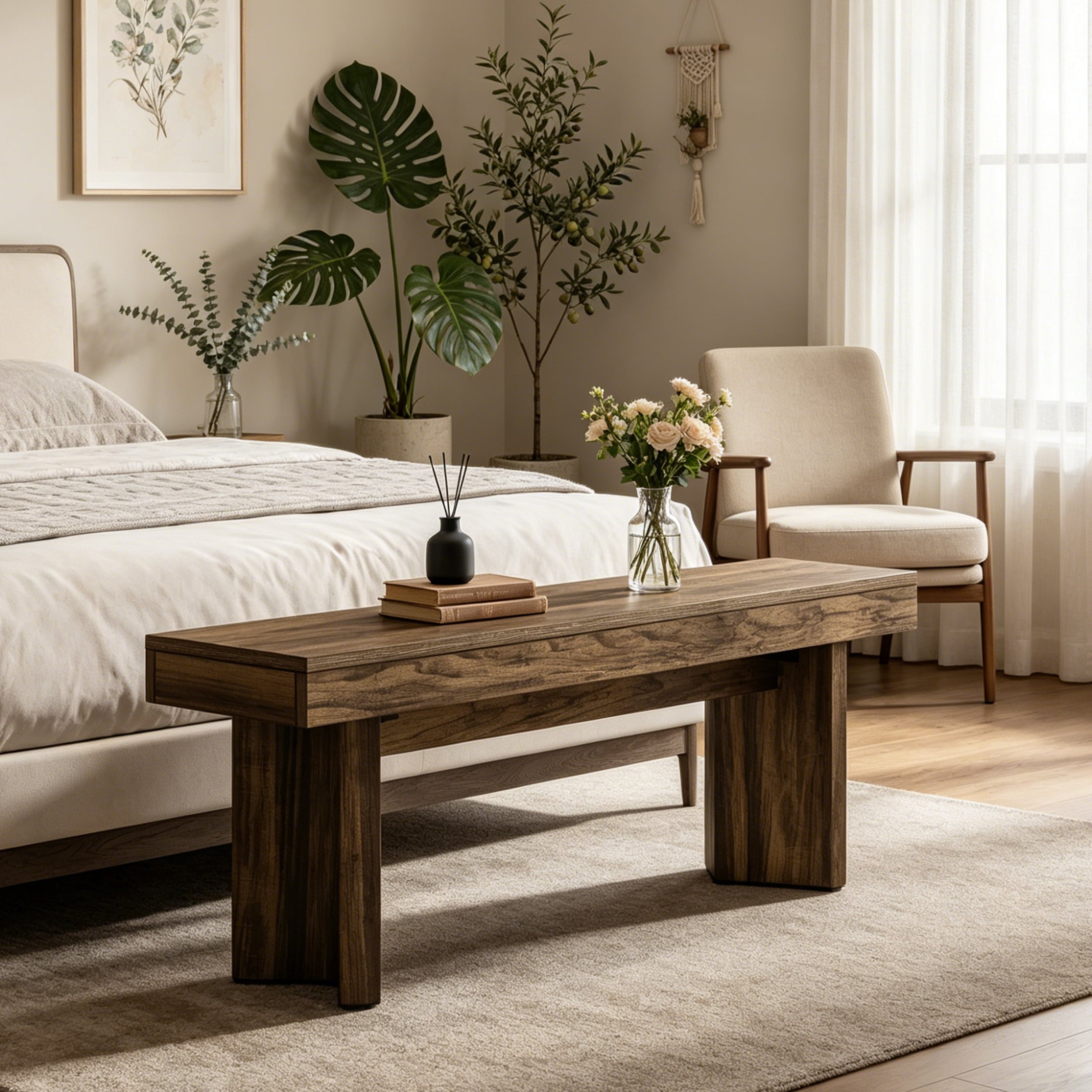 Fnova 47.24" Entryway Bench, Farmhouse Wooden Shoe Bench, Indoor End of Bed Stool for 1-2, Long Kitchen Table Seat Dining Seat for Entryway, Hallway, Living Room,Dark Brown