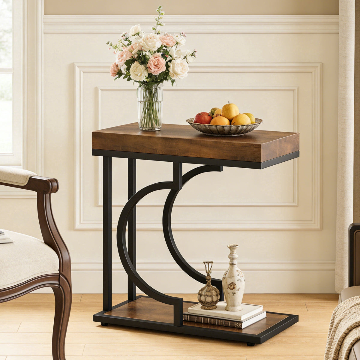 Fnova Narrow Side Table, C-Shaped Modern End Table with Metal Frame, Small Sofa Side Table for Living Room, Bedside Table for Couch,WM010115_BN_Tables