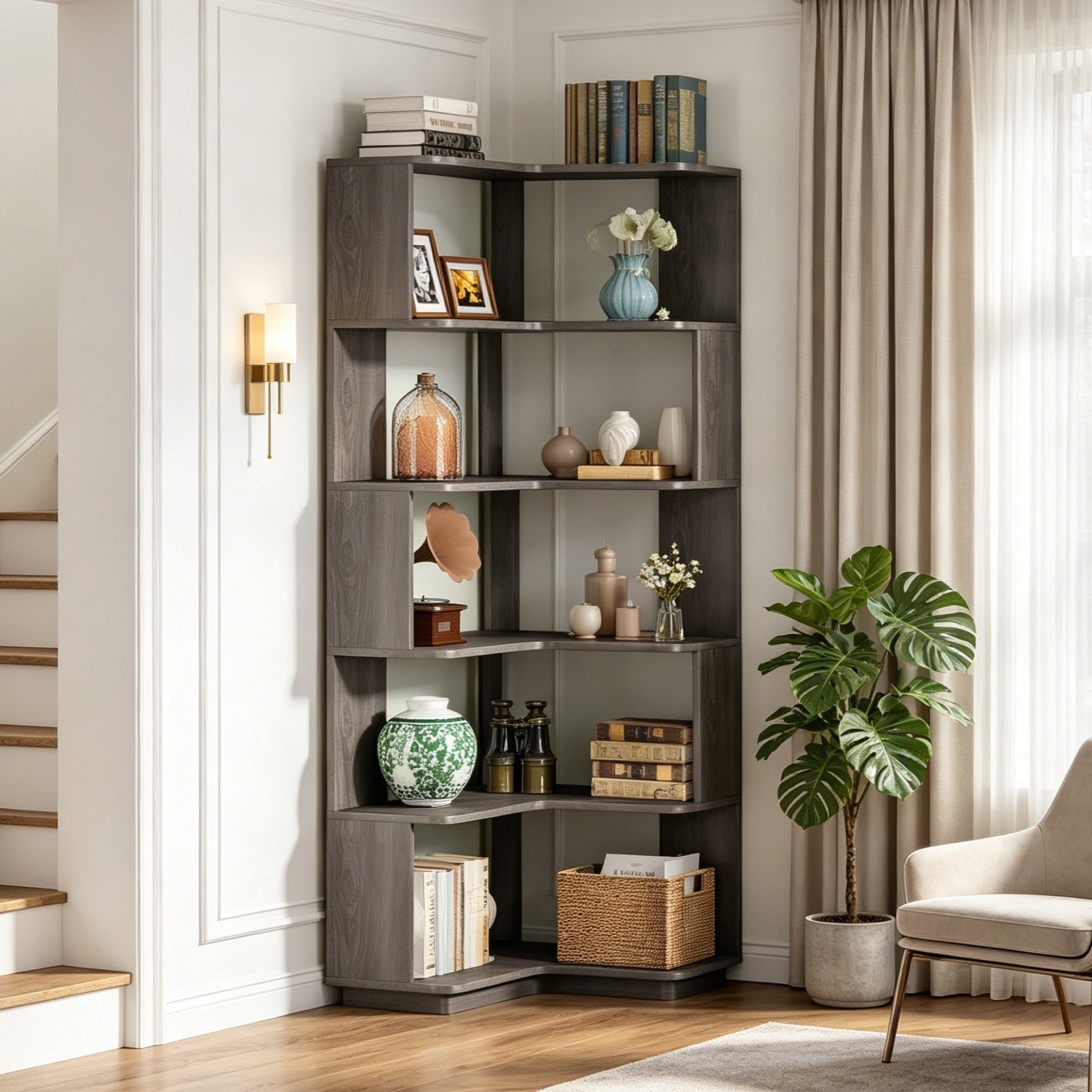 Fnova 64.9" 6 - Tier Industrial Corner Bookshelf£¬ Modern Wood L-Shaped Bookcase with Anti-Tip, Freestanding Corner Display Shelf Storage Organizer,Black