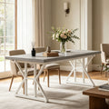 Fnova 70.86 Inch Farmhouse Dining Table, X-Shaped Metal Legs, Large Rectangular Kitchen Table for 6-8 People, Heavy Duty Dining Room Furniture,Gray
