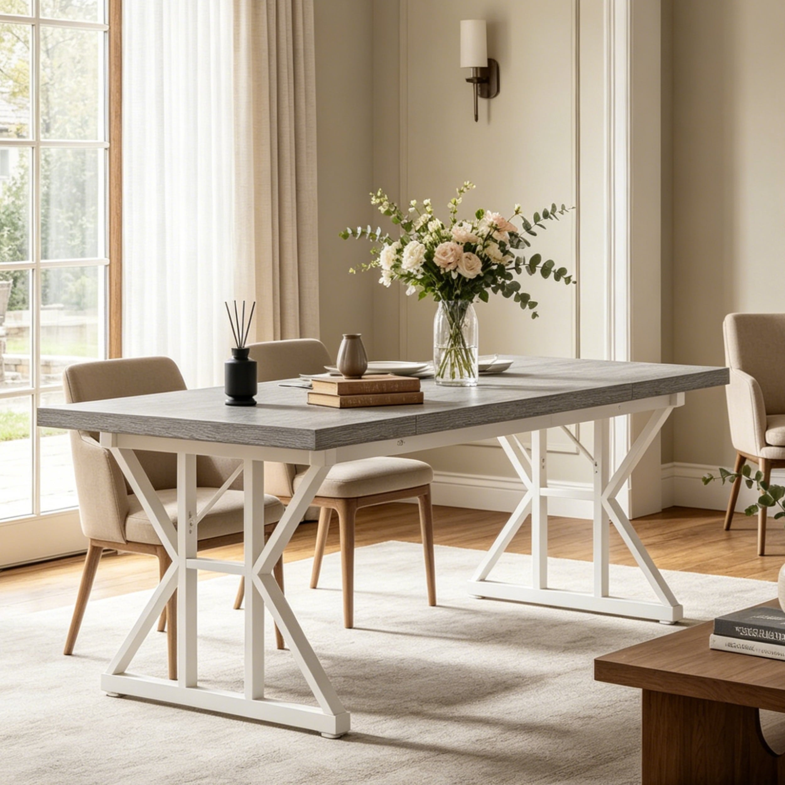 Fnova 70.86 Inch Farmhouse Dining Table, X-Shaped Metal Legs, Large Rectangular Kitchen Table for 6-8 People, Heavy Duty Dining Room Furniture,Gray