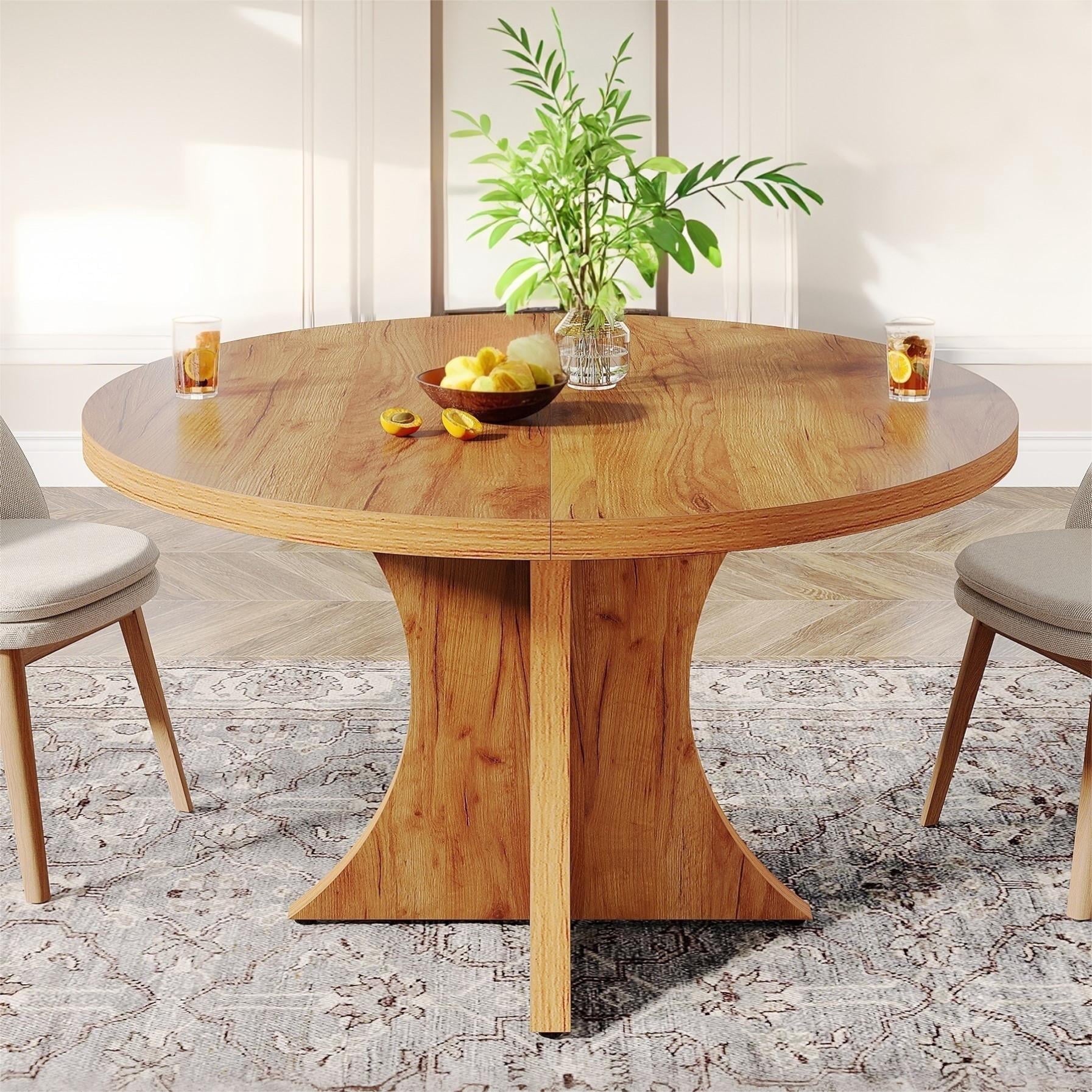 Fnova 47.24" Round Dining Table, Wood Coffee Table for 4 People, Modern Farmhouse Kitchen Table for Dining Room, Light Brown (Chairs Not Included),Light Brown