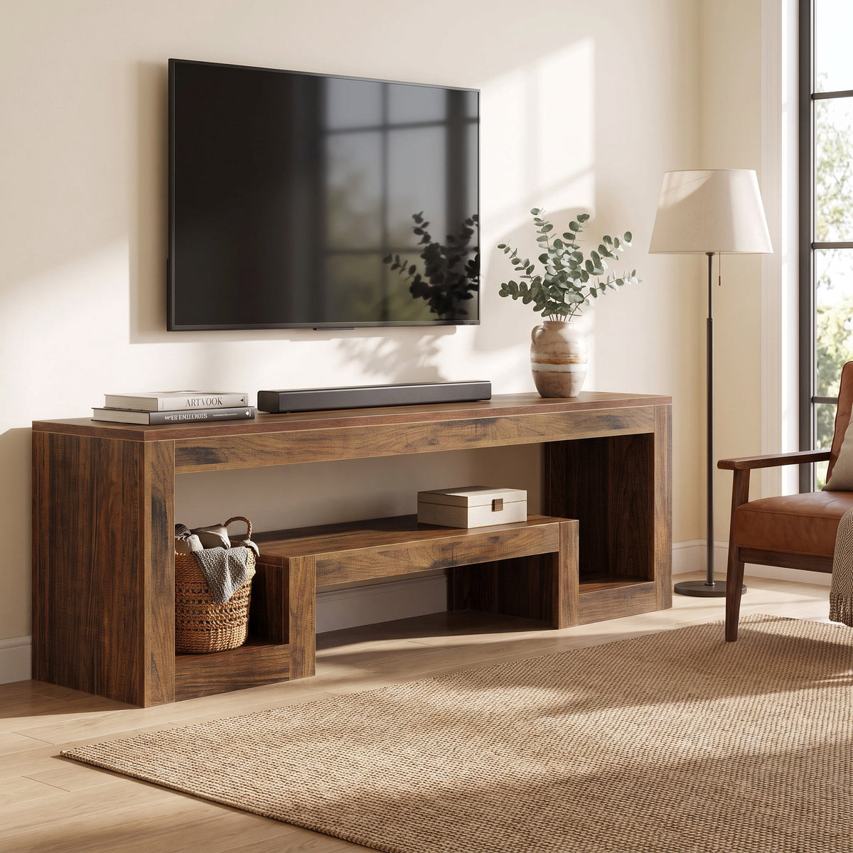 Fnova 62.99-Inch TV Stand with Open Storage Shelves, Rustic Brown Entertainment Center with Thick MDF Board, Modern Farmhouse Media Console Table, Living Room Storage Organizer Furniture,WM010619_BN_US