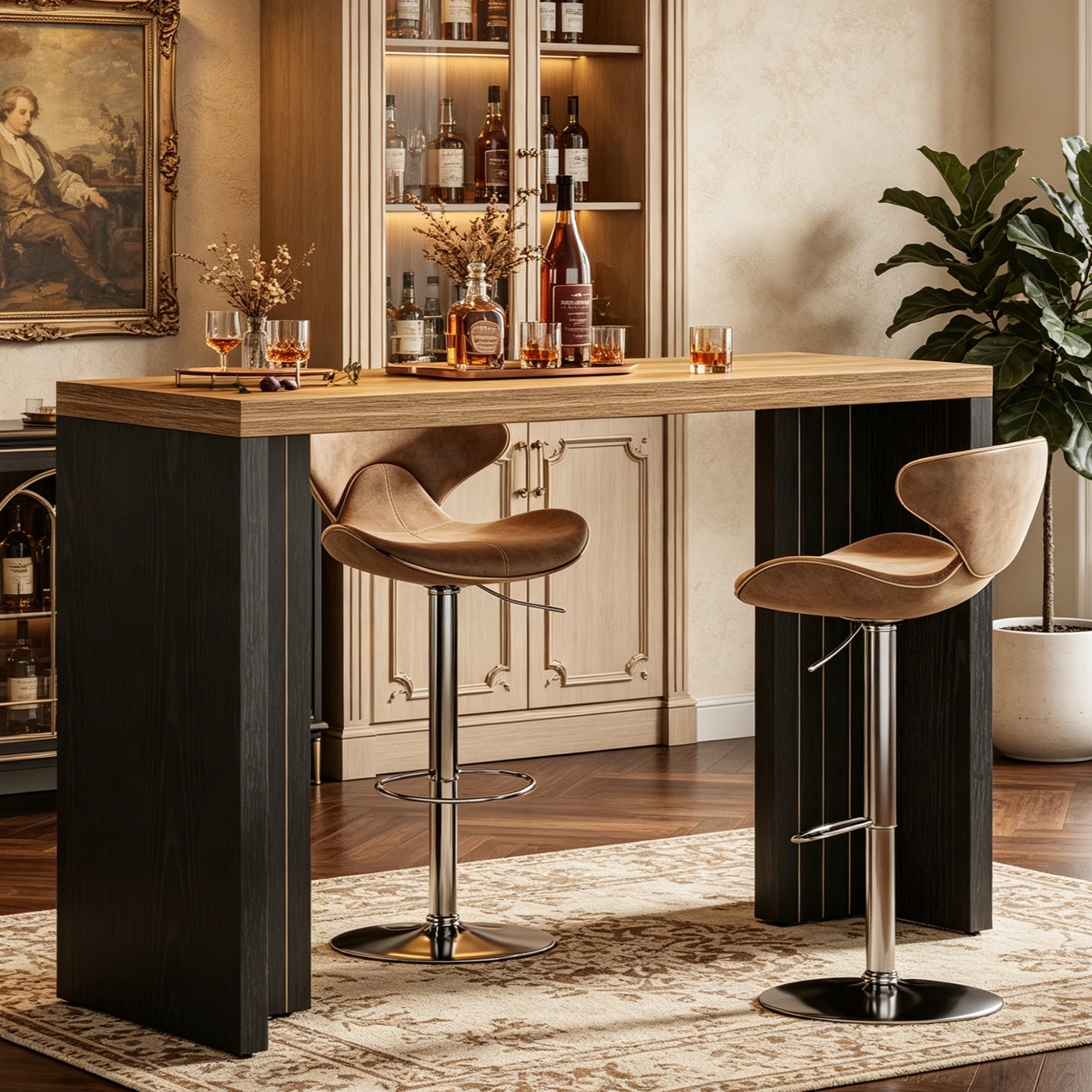 Fnova 55 Inch Counter Height Bar Table with 350 lbs Load, Tall Bar Table for Living Room, Kitchen, Home Bar, Small Space,Brown Black