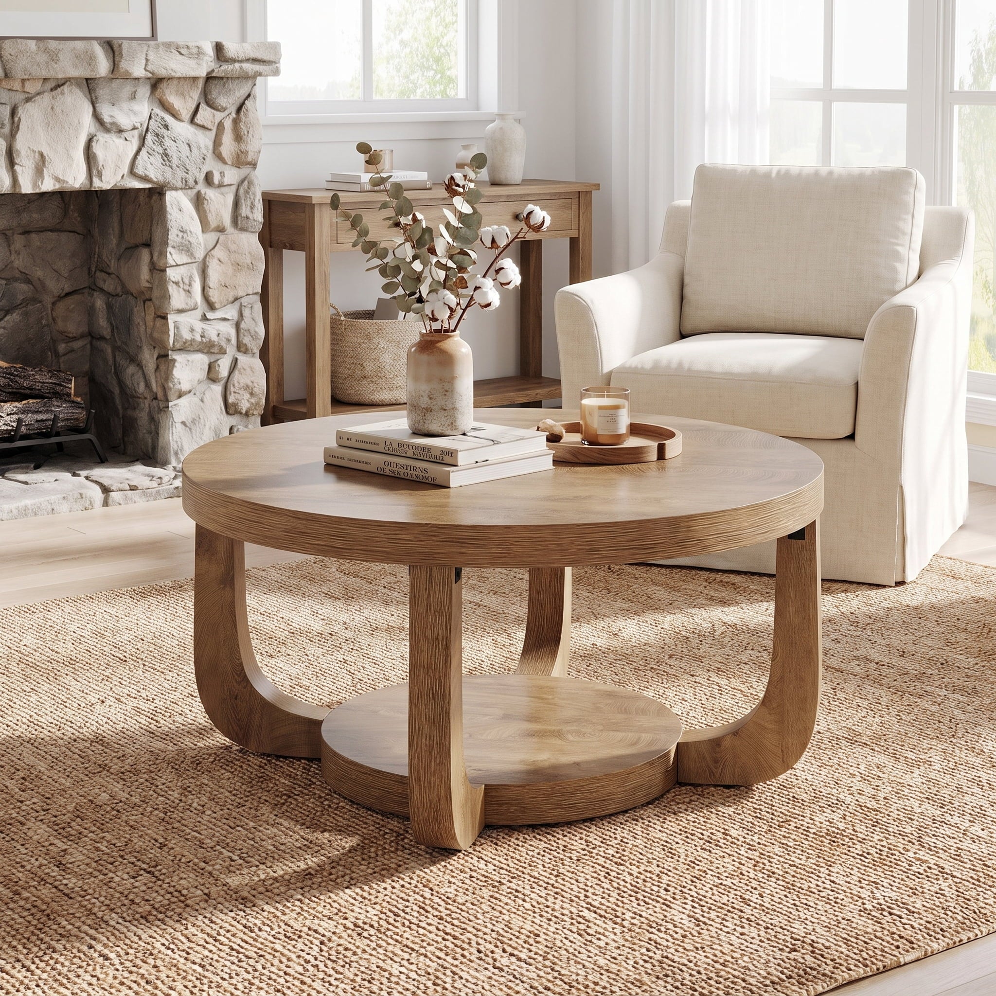 Fnova 2-Tier Round Coffee Table with Storage Shelf, Modern Wooden Circle Center Table, Accent Cocktail Table for Living Room, Lounge, Bedroom, Light Brown,Light Brown