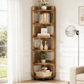 Fnova 71" 6-Tier Tall Corner Bookshelf, Rustic Wooden Narrow Corner Bookcase with Artistic Square Rack, Freestanding Display Storage Shelf for Space-Saving Home Organizing,Brown
