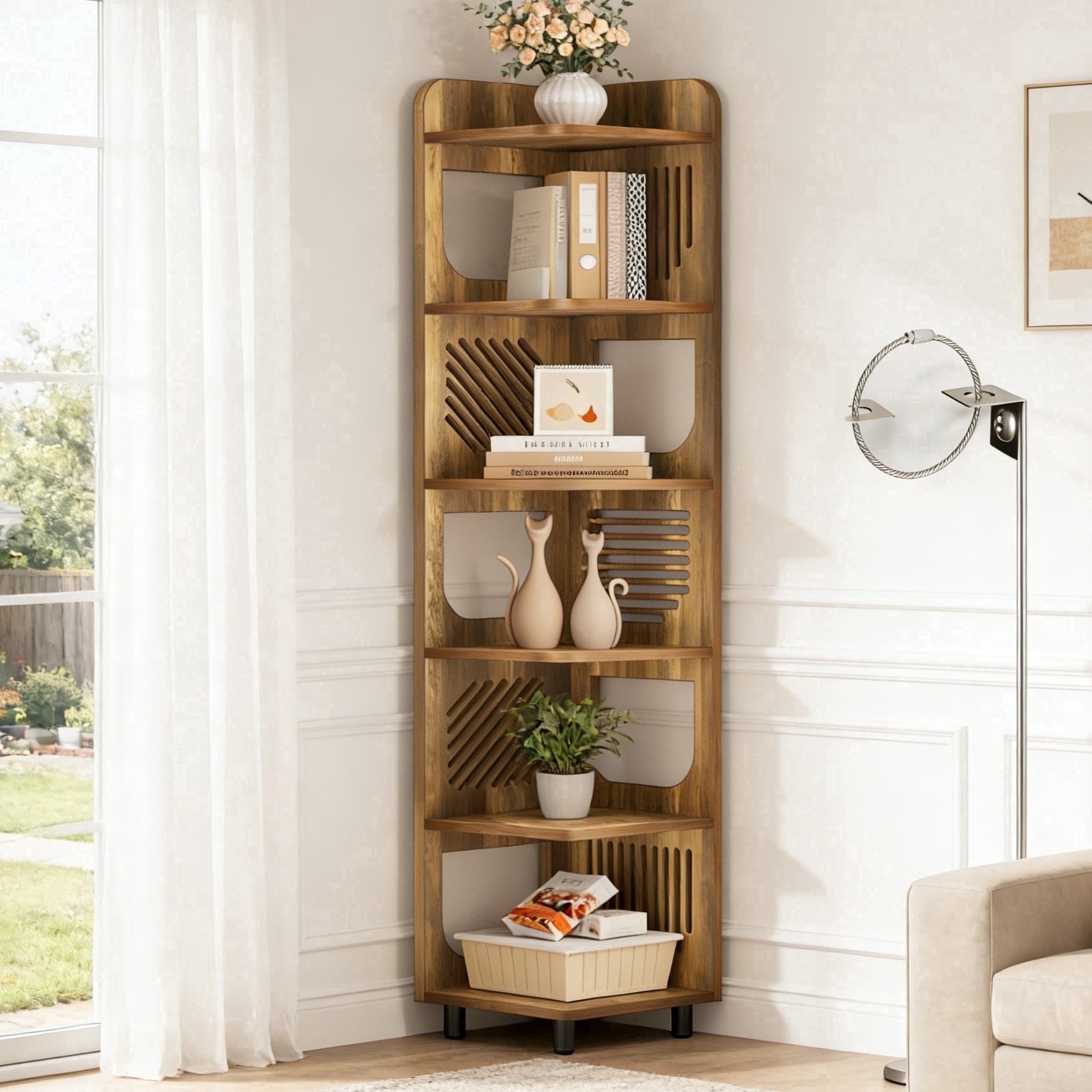 Fnova 71" 6-Tier Tall Corner Bookshelf, Rustic Wooden Narrow Corner Bookcase with Artistic Square Rack, Freestanding Display Storage Shelf for Space-Saving Home Organizing,Brown