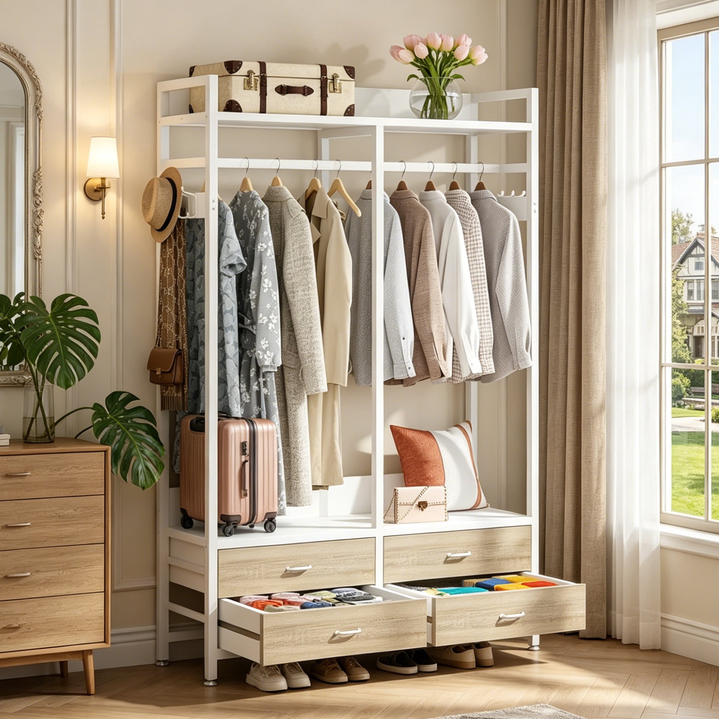 Fnova 71-Inch Clothes Rack with Shelf and Hanging Rod, 4 Drawers Freestanding Closet Organizer, Heavy Duty Industrial Hall Tree Garments Rack for Small Space, Bedroom, White,WM010510_W_Rack
