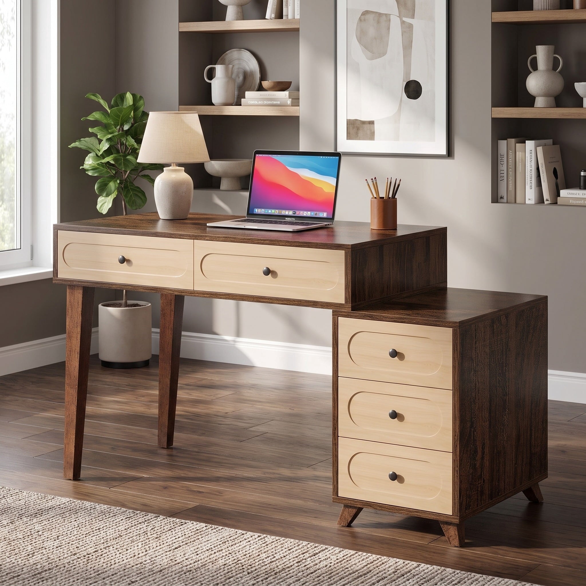 Fnova 51-Inch Computer Desk, Small Home Office Desk with 5 Drawers, Reversible Drawer Cabinet Space-Saving Workstation, for Small Home Office, Bedroom & Study,WM010444_BN_US