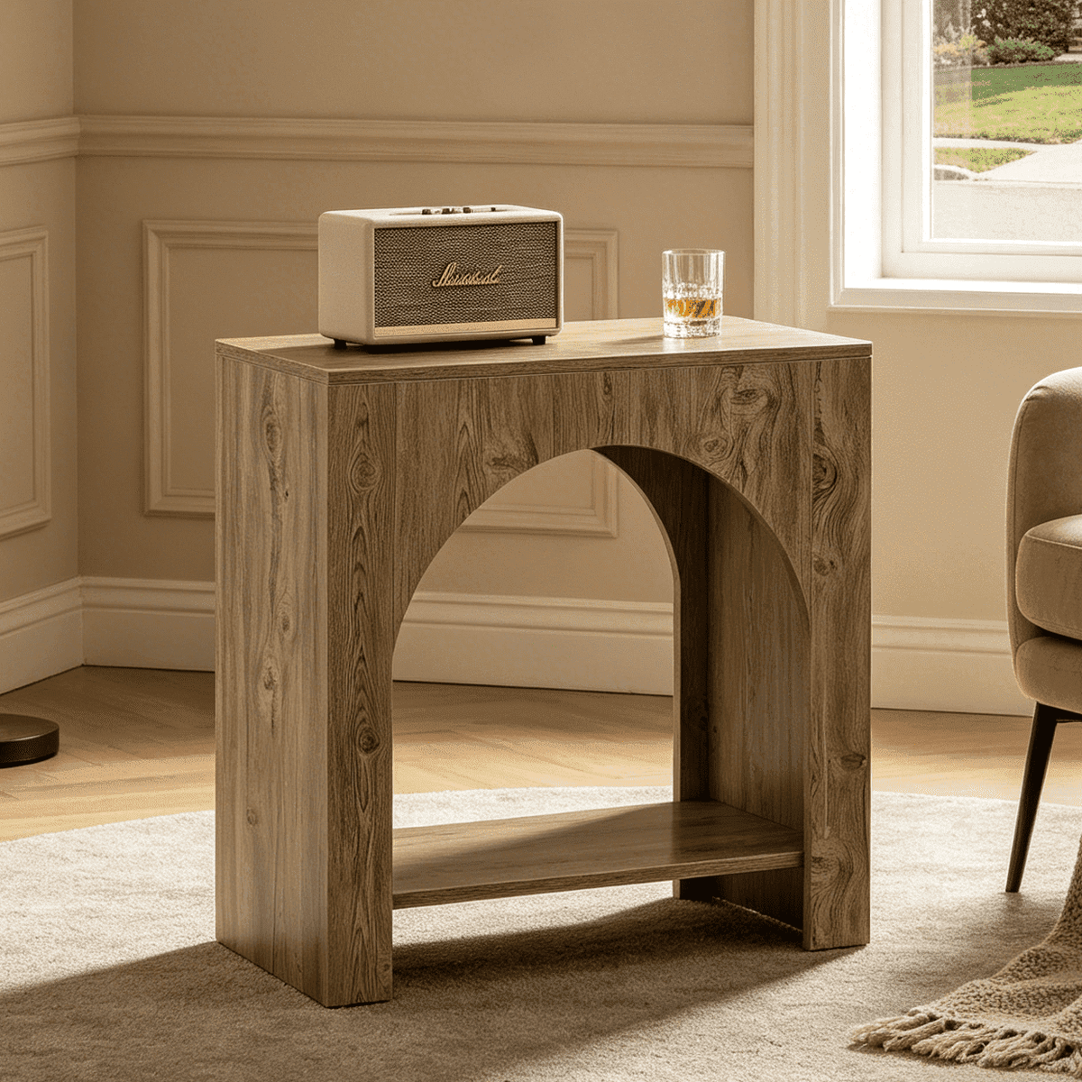 Fnova Farmhouse End Table with Storage, Modern Arched Wooden 2-Tier Side Table Nightstand Bedside Table Accent Table with Open Shelf, Easy Assembly, for Living Room, Bedroom, Entryway, Small Space,WM010127_BN_US