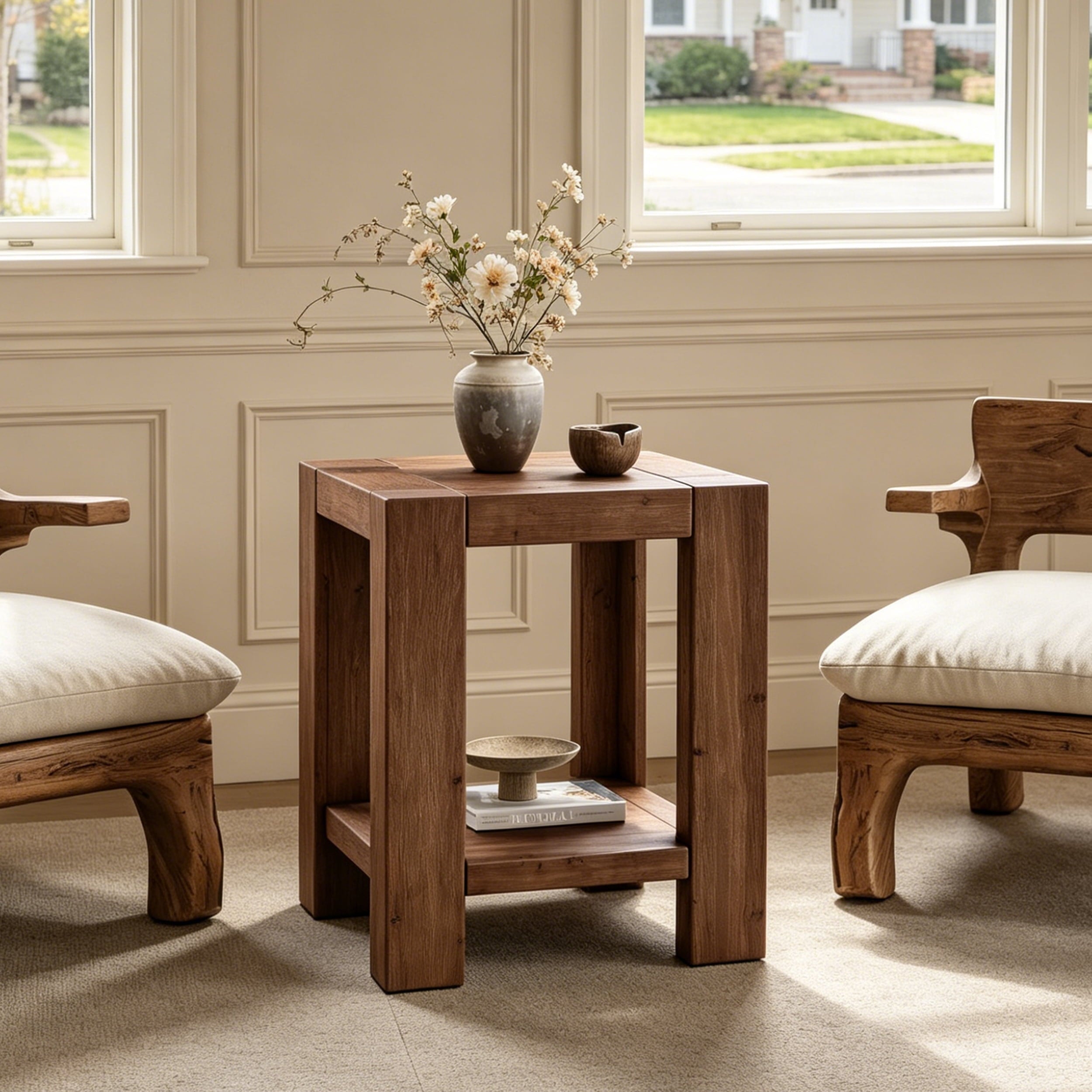 Fnova Farmhouse 2-Tier Solid Wood Square Side Table with Storage Shelf, Accent End Table, Nightstand for Living Room, Bedroom, Home Office, Rustic Brown,WM010159_DBN_US