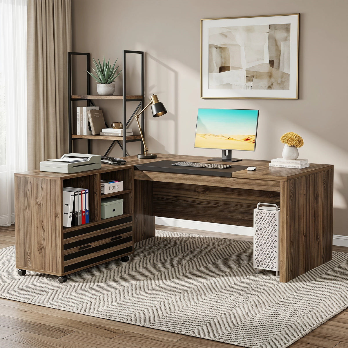 Fnova 62-Inch Large L-Shaped Executive Desk with Mobile File Cabinet, Modern Office Desk with Storage Shelves, Computer Desk for Home Office & Business Use,WM010428_BN_US