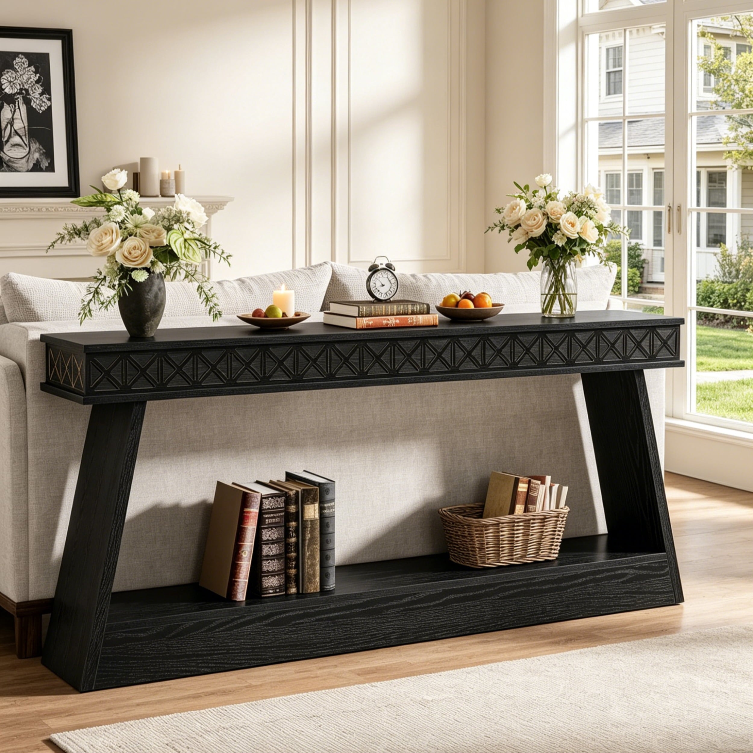 Fnova 70.87-Inch Farmhouse Console Table, 2-Tier Wood Entryway Sofa Table with Storage Shelf, Narrow Foyer Table for Living Room, Hallway, Black,WM010341_B_US