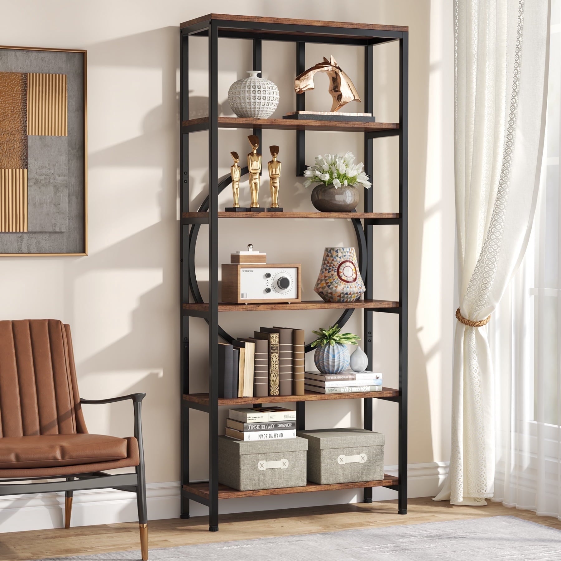 Fnova 70.9-Inch 6-Tier Industrial Bookshelf, Tall Open Storage Bookcase, Wood Metal Unit for Living Room, Home Office,WM010518_BN_Shelf