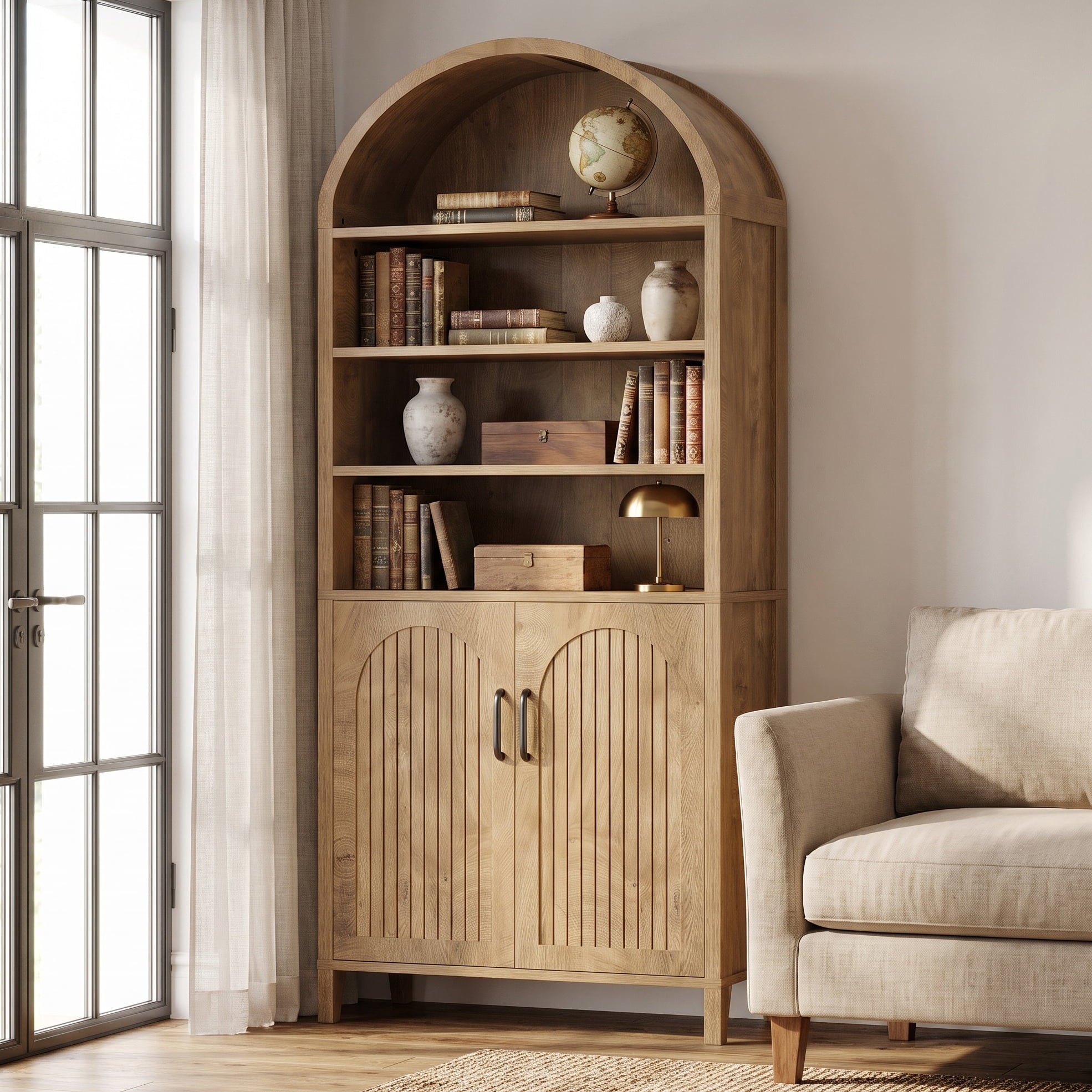 Fnova 70.9" Arched Bookcase with Doors, 8-Tier Tall Bookshelf with Adjustable Shelves, Farmhouse Storage Cabinet for Living Room, Home Office, Oak