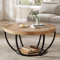Fnova Coffee Table with 2 - Tier Storage, 32-Inch Round Wood Coffee Table with Metal Legs, Modern Rustic Style Center Table for Living Room, Warm Brown and Black,WM010203_BNB_US