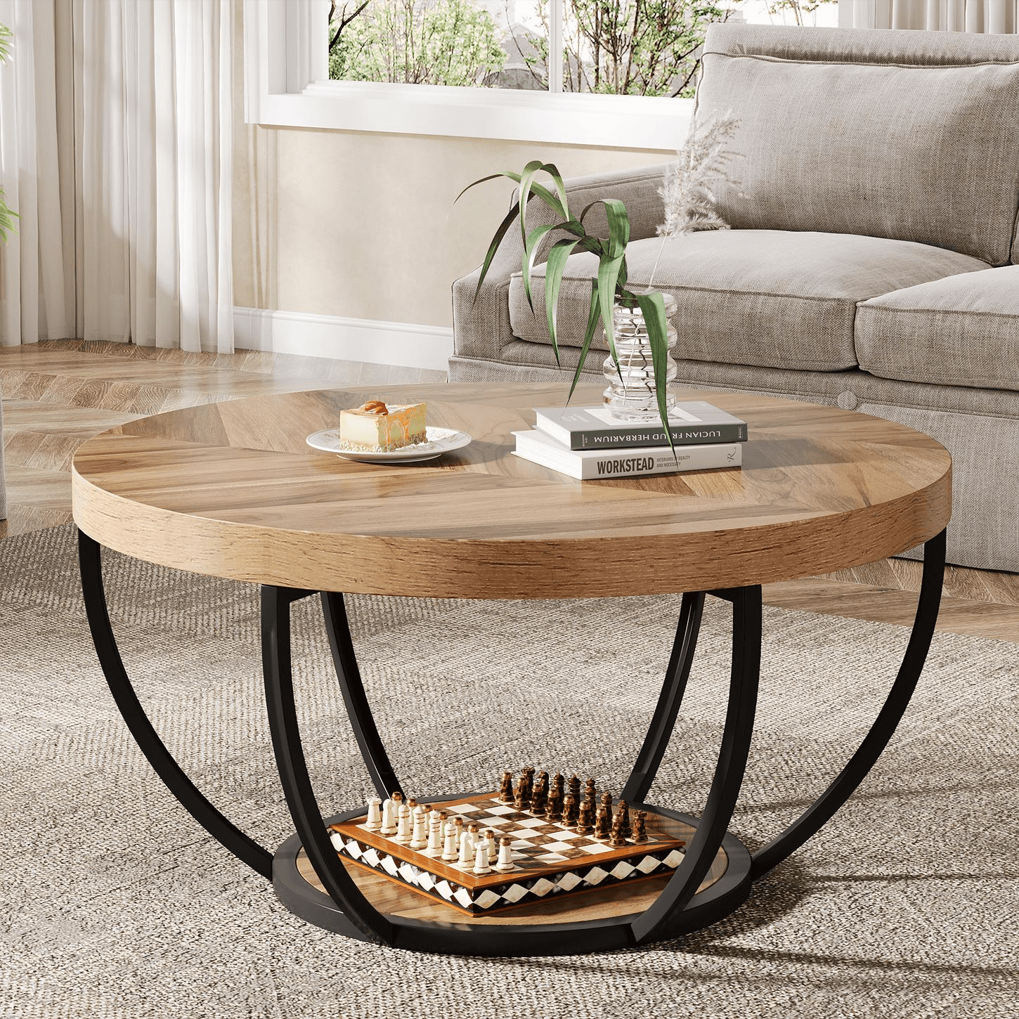 Fnova Coffee Table with 2 - Tier Storage, 32" Round Wood Coffee Table with Metal Legs, Modern Rustic Style Center Table for Living Room, Warm Brown and Black,Warm Brown and Black