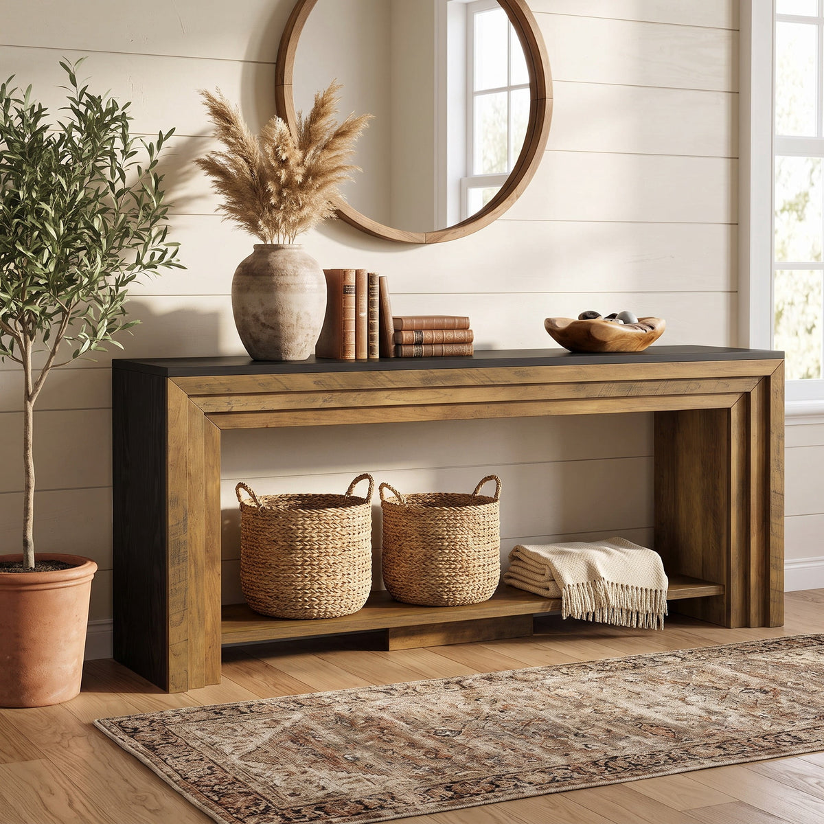 Fnova 70.9 Inch Long Farmhouse Narrow Console Table with 2-Tier Storage, Behind Sofa Table, Entryway Hallway Foyer Table for Living Room, Home Office,WM010958_DBN_US