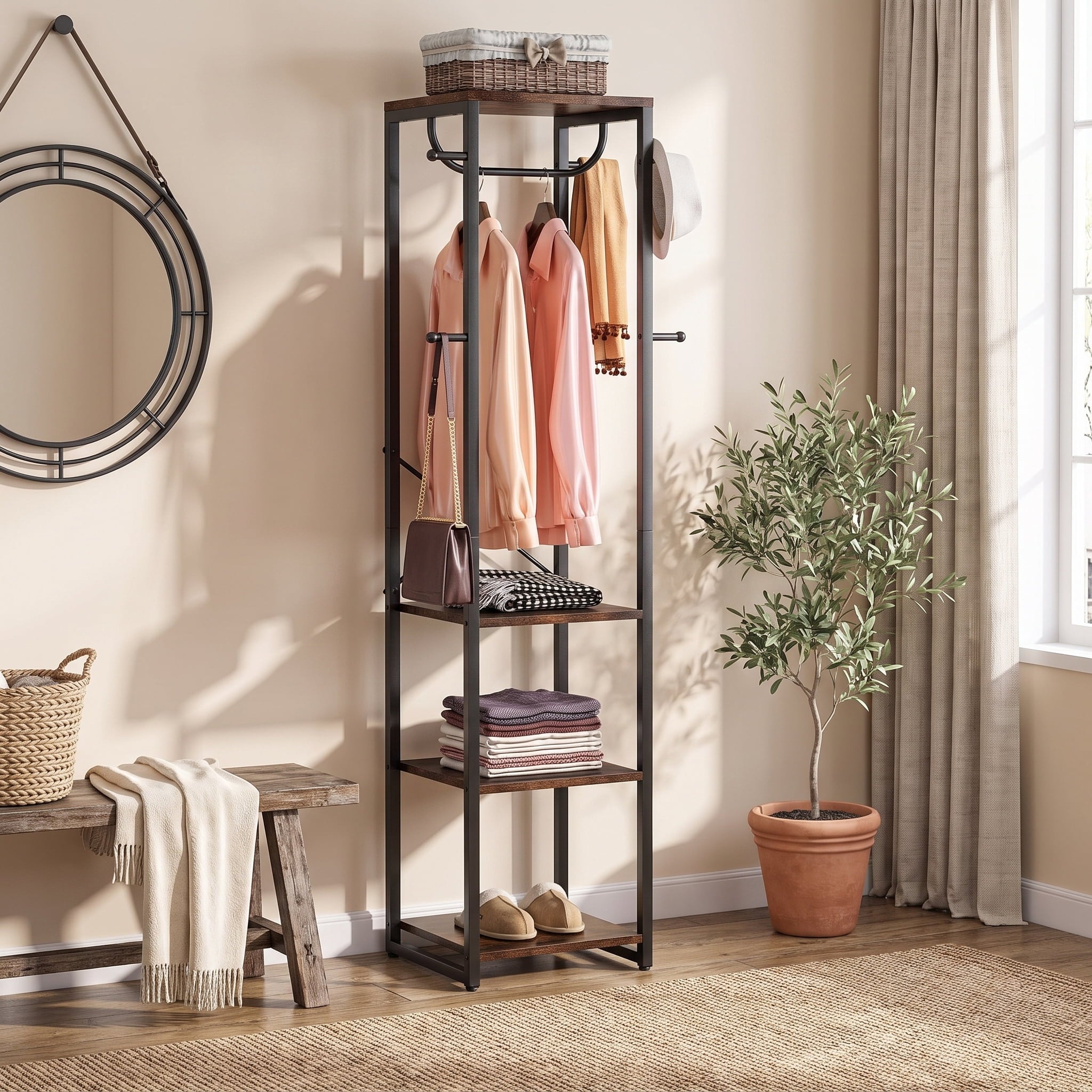 Fnova 3-in-1 Freestanding Coat Rack with 4 Storage Shelves, 70.87-Inch Tall Entryway Organizer with X-Brace for Bedroom Hallway,WM010580_BNB_US