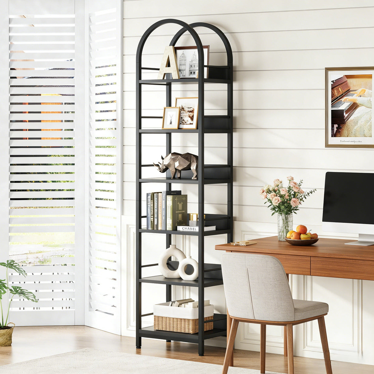 Fnova 78.74-Inch 6-Tier Freestanding Corner Shelf, Storage Shelf with Back Baffles, Curved Top & Metal, Plants/Books, for Living Room/Kitchen/Home Office, Easy Assembly,WM010538_B_Shelf