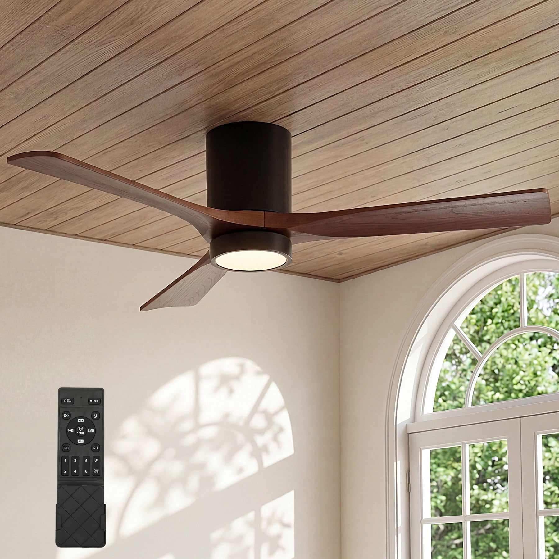 Fnova 52-Inch Flush Mount Ceiling Fan with LED Light, 6 Speed Reversible DC Motor, Remote Control, Dimmable 3 Color Temperature, Quiet Operation for Living Room Bedroom,WM011135_BNB_US