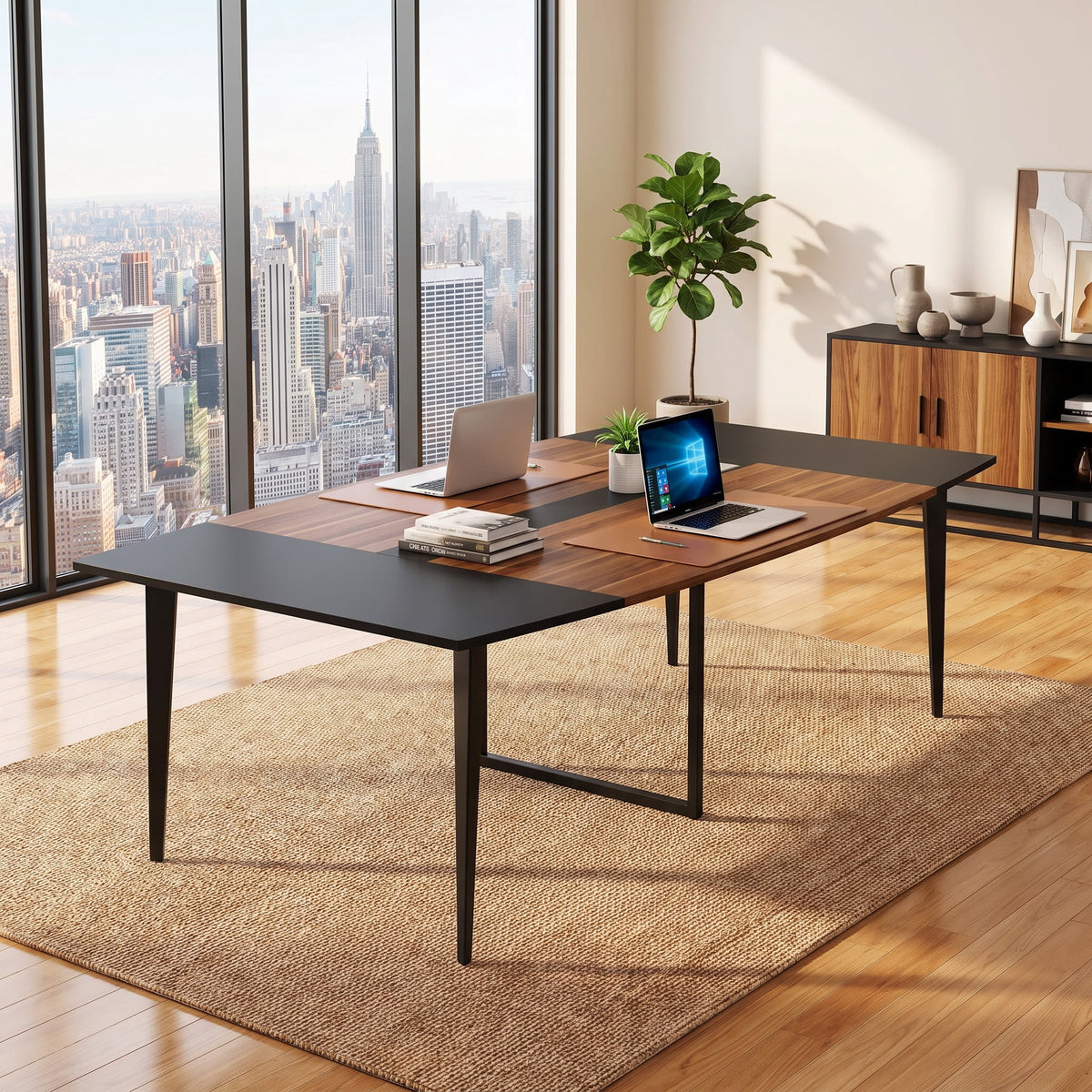 Fnova 94.48-Inch Conference Table with Cable Grommets, Large Boat-Shaped Meeting Room Table with Sturdy Metal Legs, Multi-Purpose Executive Desk for Office, Boardroom & Collaborative Workspaces,WM010214C_BNB9_US