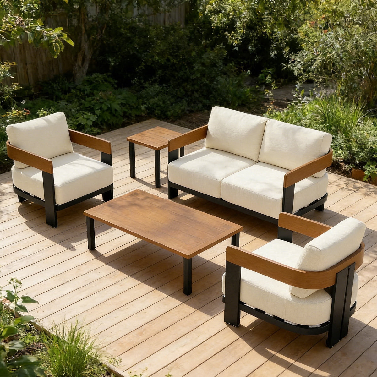 Fnova 5 Piece Patio Conversation Set, U-Shaped Outdoor Furniture with Cushions and Coffee Table, Iron & Aluminum Frame Sectional for Porch, Balcony, Backyard,WM011523_W_US