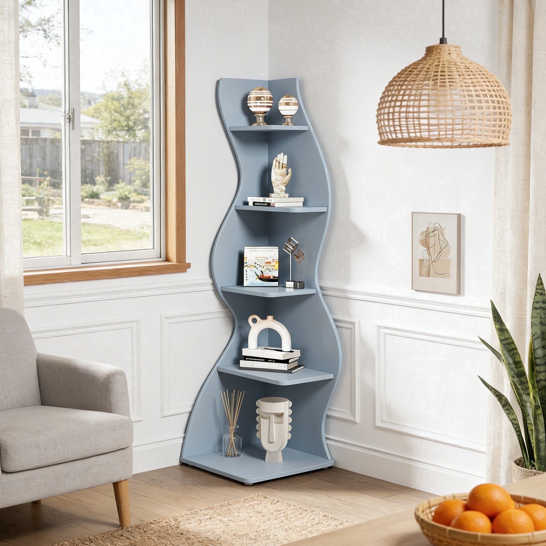 Fnova 70" 5-Tier Corner Shelving Unit, Modern Tall Storage Shelf Bookcase Plant Stand Organizer Unit for Home Office Living Room Bedroom, Blue,Blue