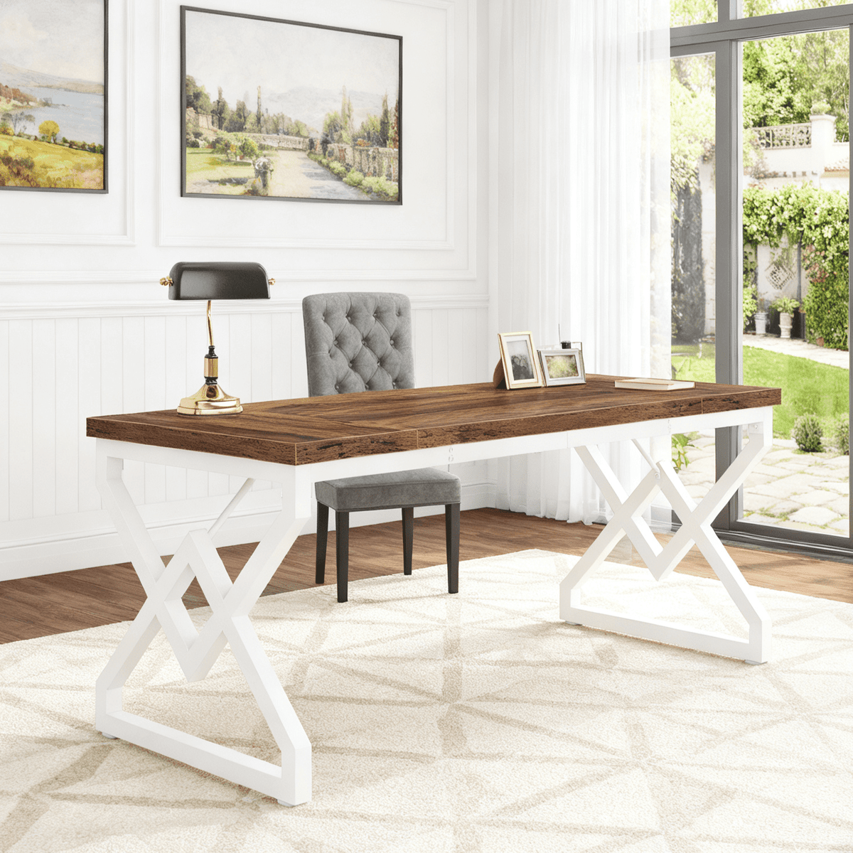 Fnova 63-Inch Modern Desk, Long Rectangle Writing Computer Desk, Dining table for 4-6, Kitchen Table with Metal Frame, for Dining & Home Office, Easy Assembly,WM010288_BNW_Tables