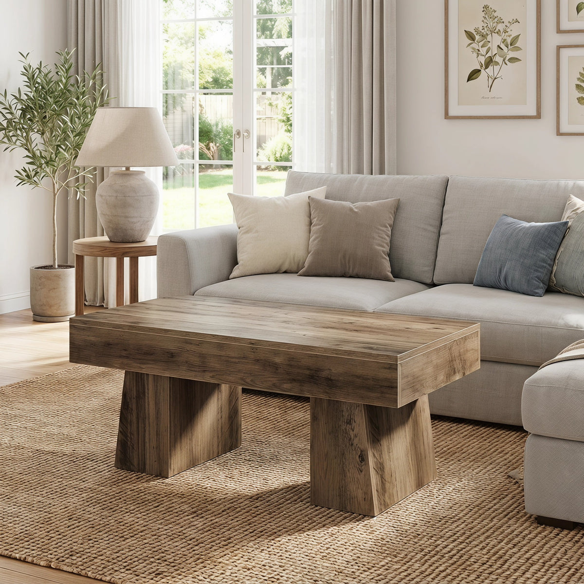 Fnova Farmhouse 47 Inch Rectangle Wooden Coffee Table, Sturdy Base, Modern Cocktail Tea Table, Accent Center Table for Living Room, Bedroom,WM010481_BN_US