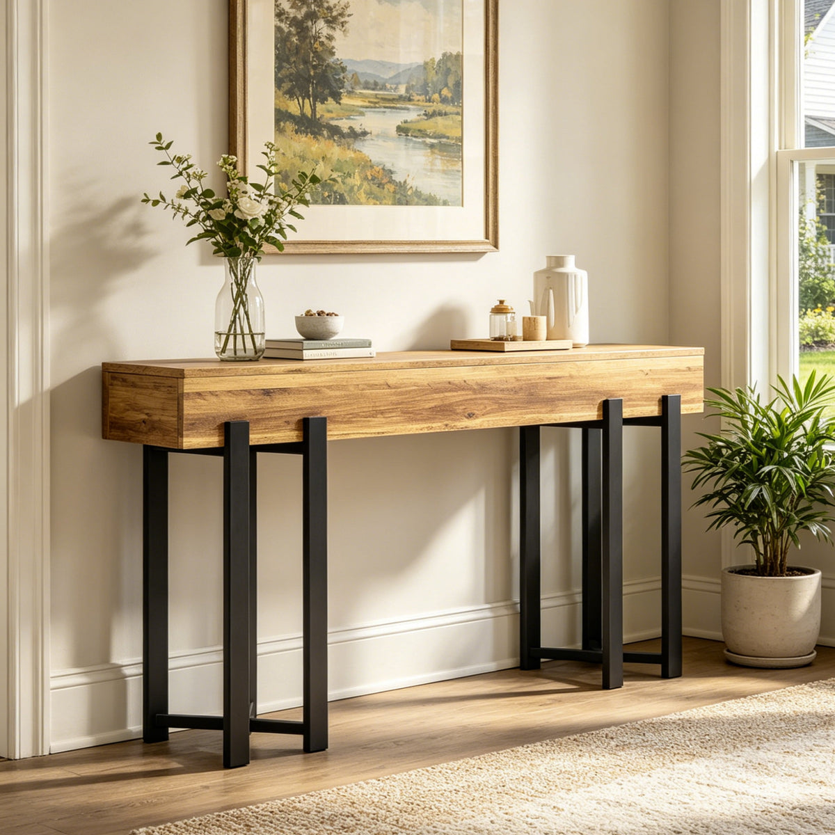 Fnova 63-Inch Industrial Console Table, Extra-Long Rectangular Entryway Table Sofa Table with Metal Frame for Hallway, Living Room, Foyer,WM010359_BN_US