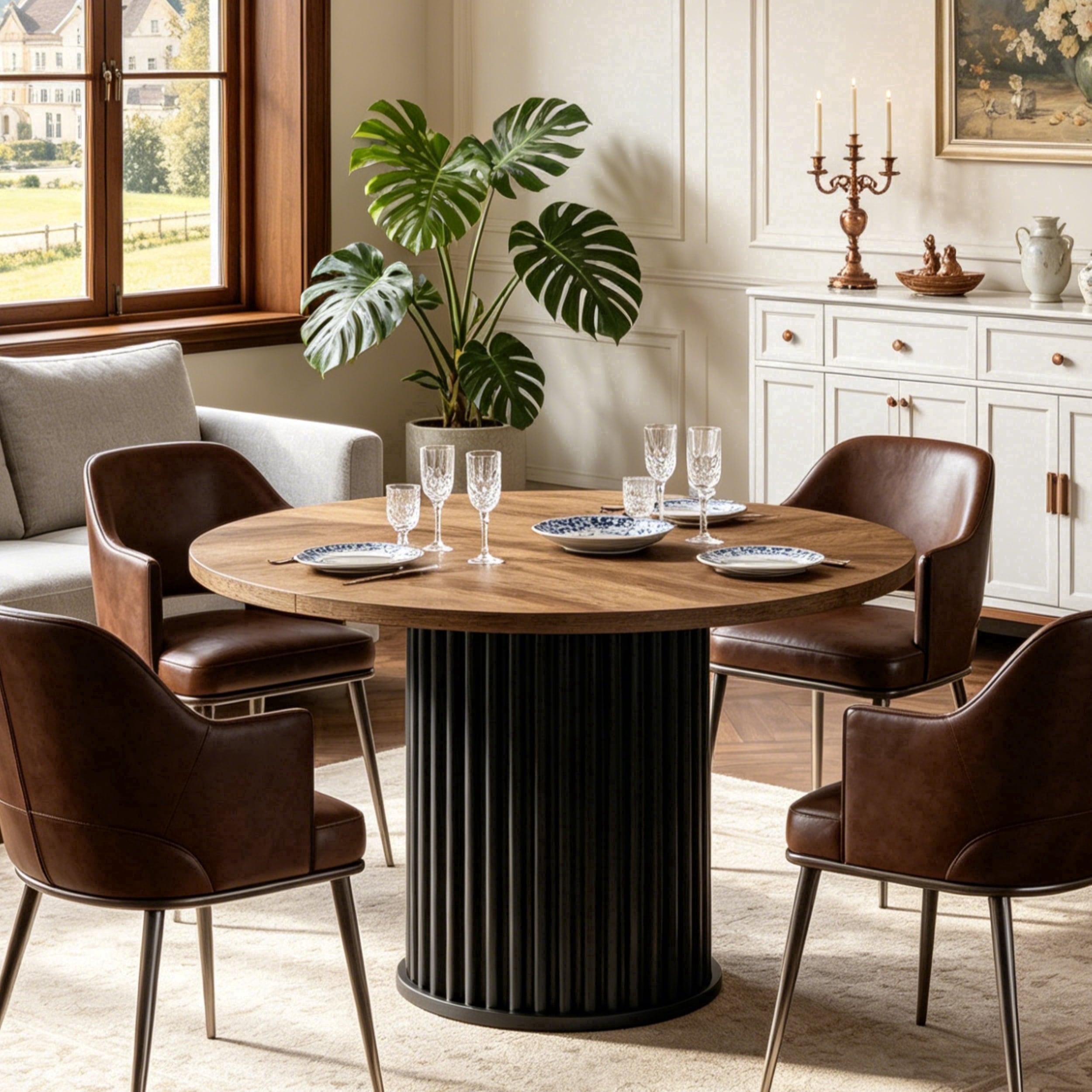 Fnova 47.24" Round Dining Table, Wood Coffee Table for 4 People, Modern Farmhouse Kitchen Table for Dining Room (Chairs Not Included),Brown