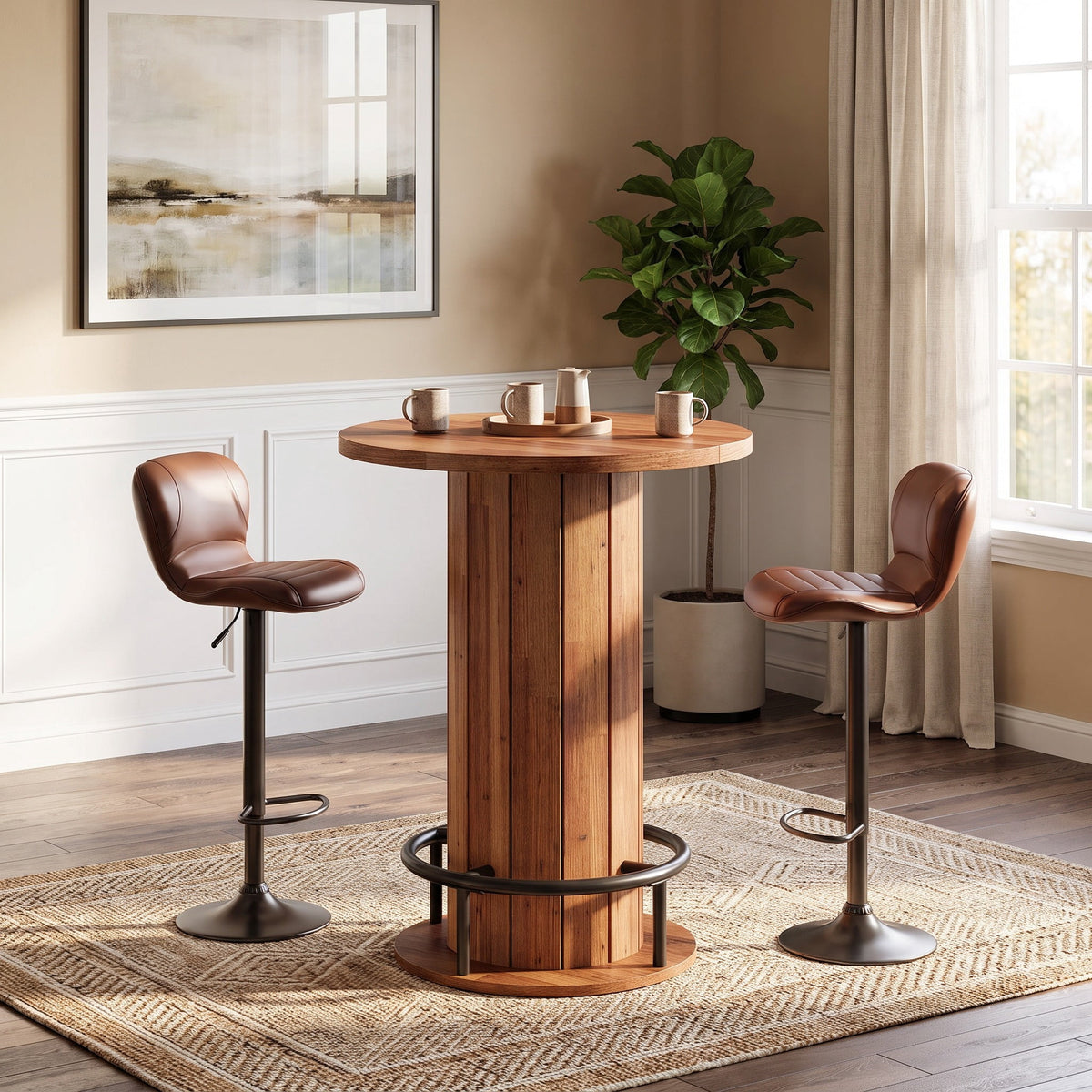 Fnova 39.4-Inch Round Dining Table, Small Circle Kitchen Table with Wood Strip Base and Metal Footrest for Dining Room, Kitchen, Bar, Easy to Assemble,WM010252_RO_US