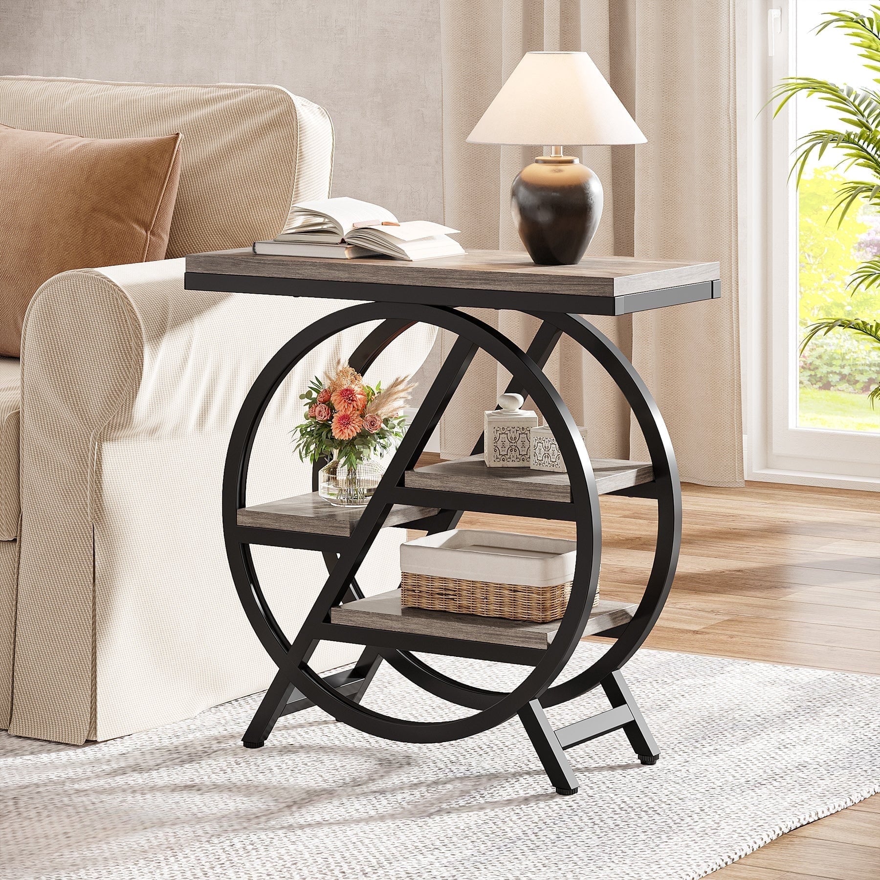 Fnova Side Table with Circular Metal Frame, End Table with 4-Tier Shelves for Living Room, Gray,Gray