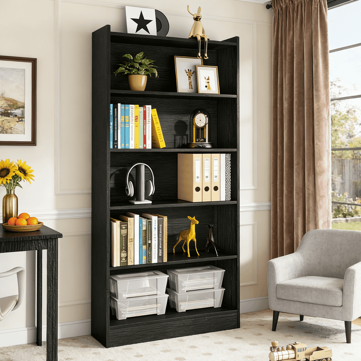 Fnova Modern 72-Inch 6-Tier Storage Shelf, Wooden Shelving Unit, Closed Back & Side Panels for Living Room/Kitchen/Home Office, Easy Assembly,WM010537_B_Shelf