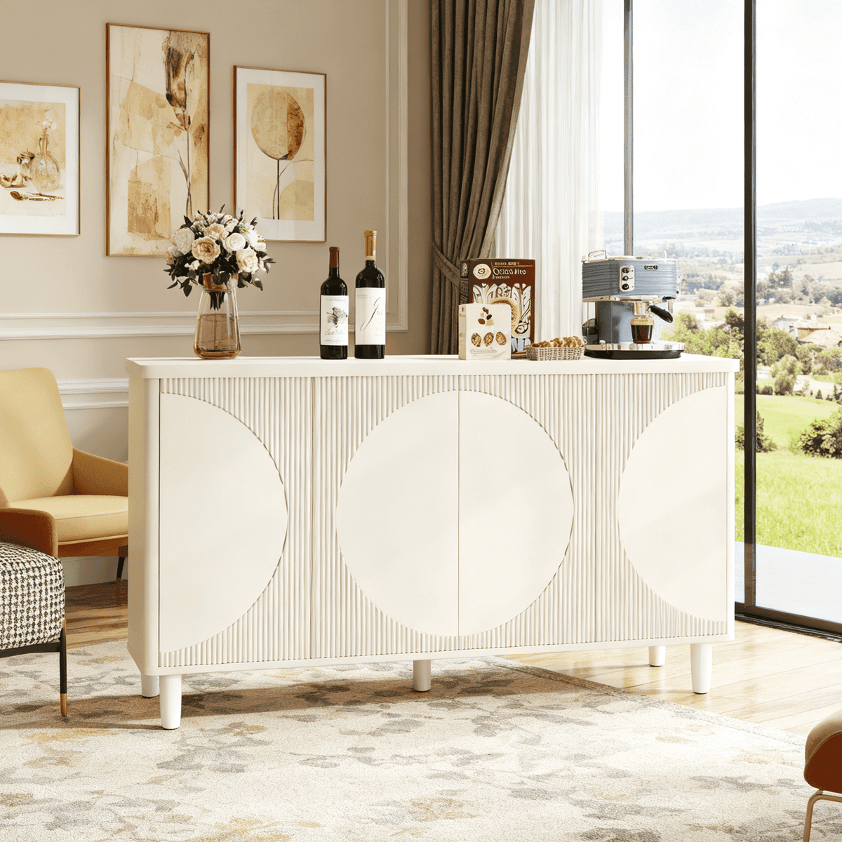 Fnova Modern Cabinet with 2-Tier Storage Shelves, 59.44-Inch Sideboard with 4 Doors, Push Pop-up Door, for Kitchen, Dining Room, Living Room, Easy Assembly,WM011326_W_Cabinet