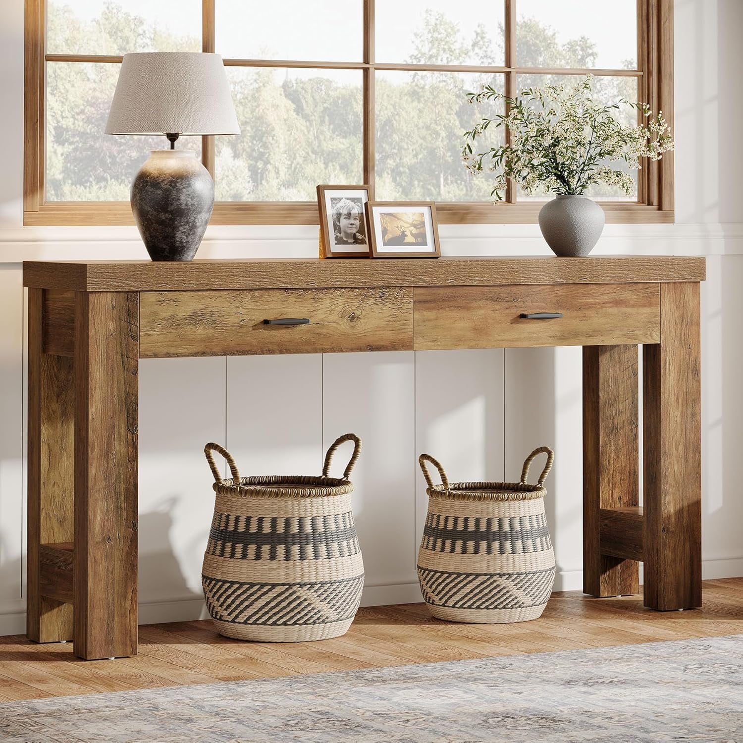 Fnova 70.9-Inch Farmhouse Console Table with 2 Drawers, Wood Entryway Table Behind Couch, Narrow Sofa Table for Living Room, Hallway, Foyer,WM010333_BN_US
