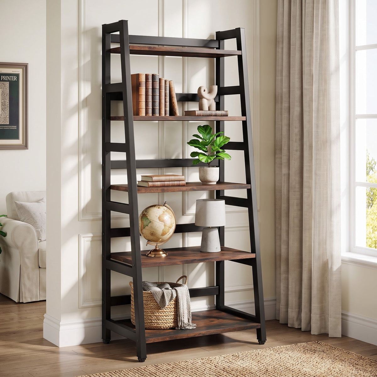 Fnova 5-Tier Industrial Ladder Storage Shelf Unit, Heavy Duty Open Bookcase Display for Living Room Bedroom Home Office Kitchen,WM010556_BNB_US