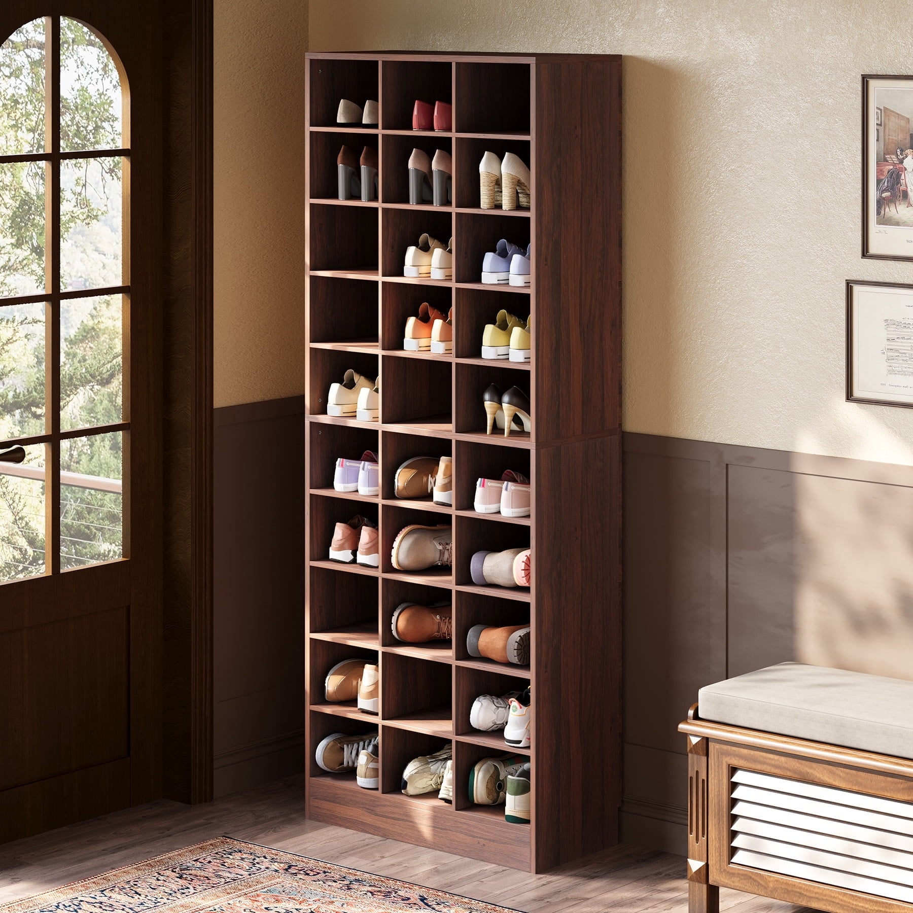 Fnova 71-Inch Storage Shelf, Modern Freestanding Wooden Bookshelf, 30-Cubby Shoe Cabinet With 8 Adjustable Shelves, Large Open Bookcase Display Organizer for Living Room, Bedroom, Home Office, Brown,WM010540_BN_Shelf