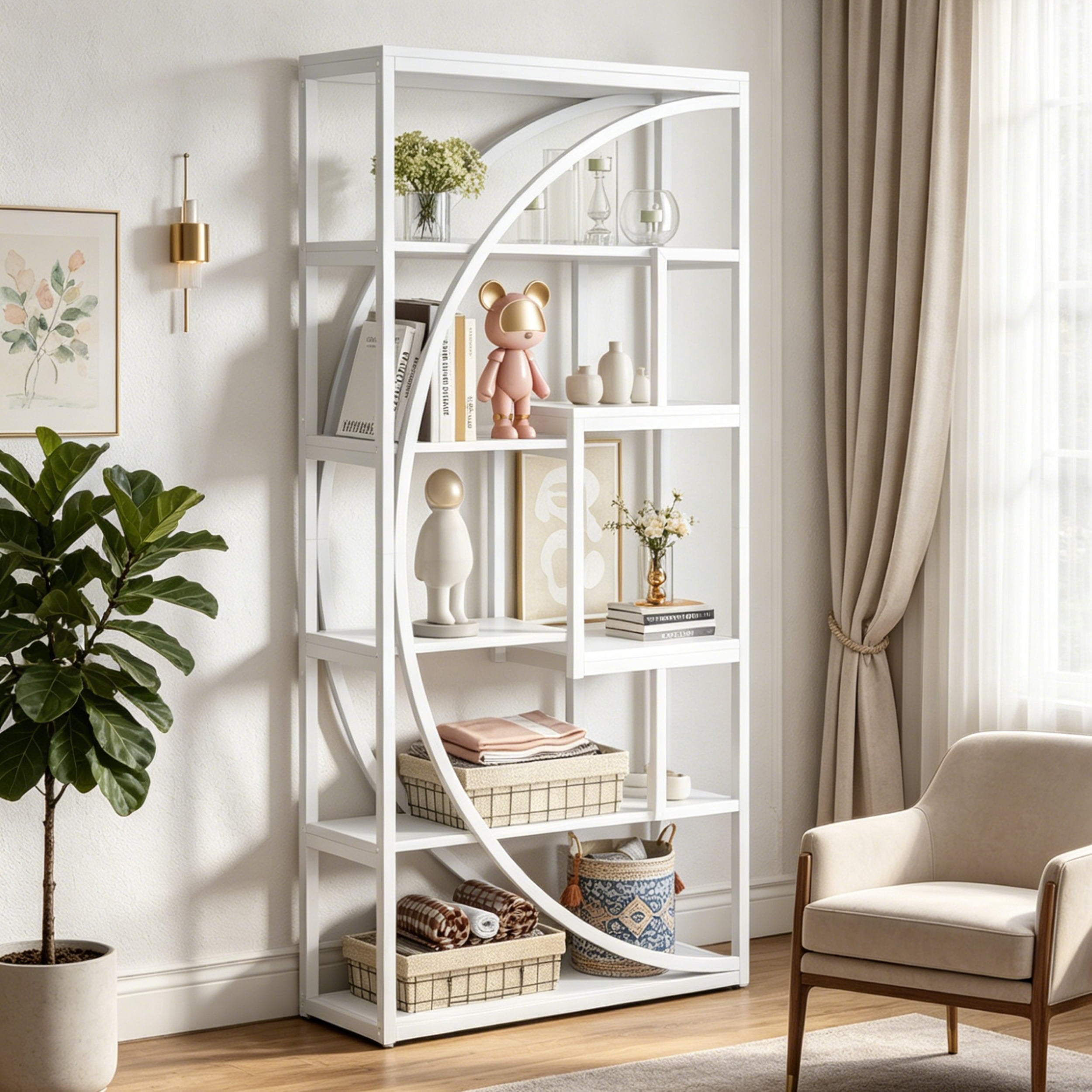 Fnova 70.8" Industrial Storage Shelf Unit, Geometric 5-Tier Open Bookcase Display Shelving for Living Room Bedroom Home Office Entryway,White