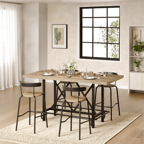 Fnova 35.4" Tall Dining Table, Rectangular Counter Height Kitchen Table with Metal Footrest for 6 People,Gray