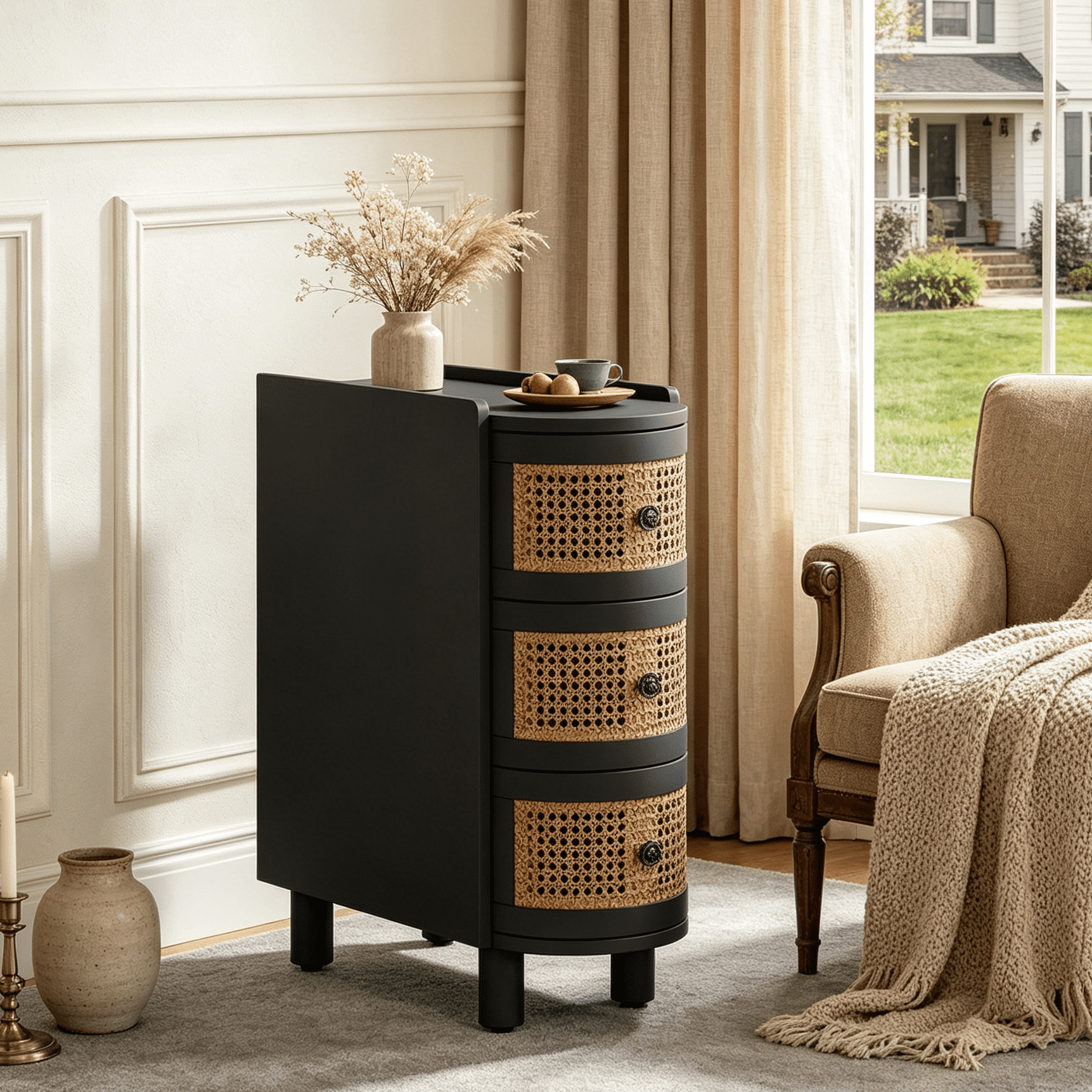 Fnova 26" Solid Wood End Table, Farmhouse Side Table with 3 Rattan Drawers, Slim Sofa Table Nightstand with Vintage Embossed Handles for Living Room, Bedroom, Finished Back, No Assembly,Black
