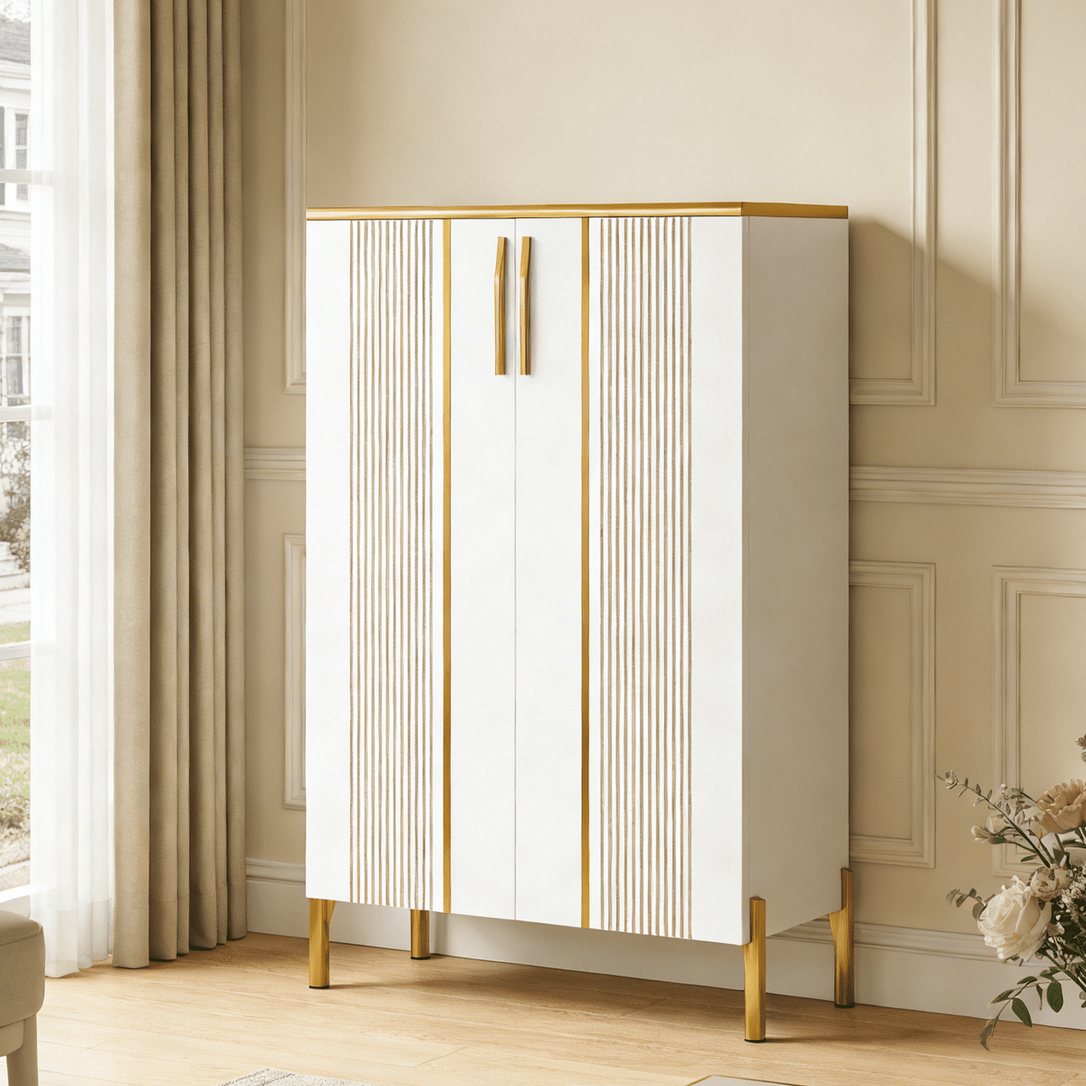 Fnova 6-Tier Modern Cabinet, Side Cabinet with Adjustable Shelves, Shoe Storage, 24 Pairs, Double Doors, for Entryway, Hallway, Living Room, Bathroom,WM011318_W_Cabinet