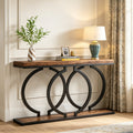 Fnova 55" Console Table, Modern Entryway Table with Geometric Metal Frame, Faux Marble Narrow Long Sofa Table for Living Room, Entrance, Hallway,Brown Black