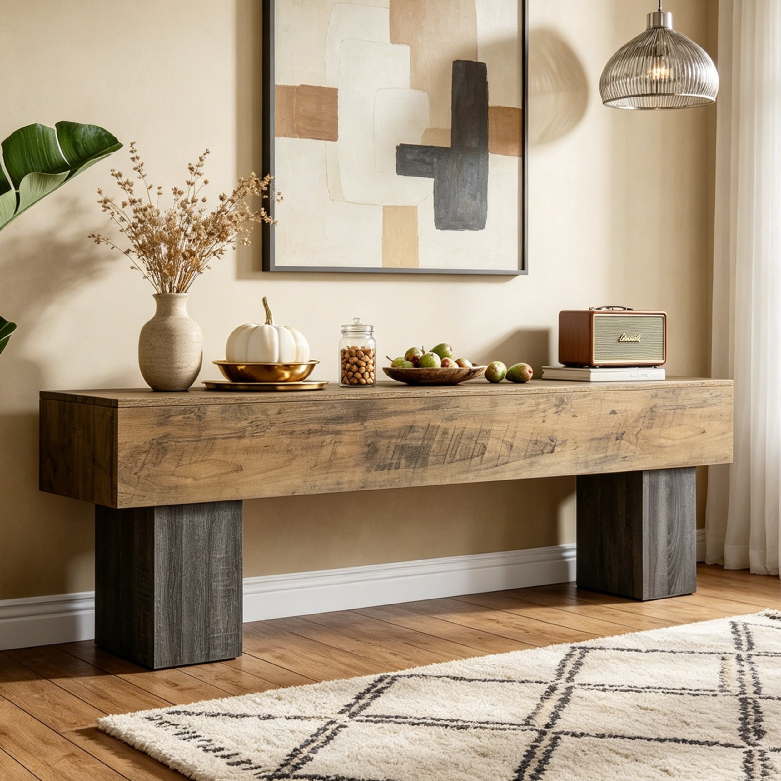 Fnova 63" TV Stand, Farmhouse Wood Entryway Bench, Dining Bench, Multi-Functional Console Table for Living Room, Hallway, Bedroom,Brown Black