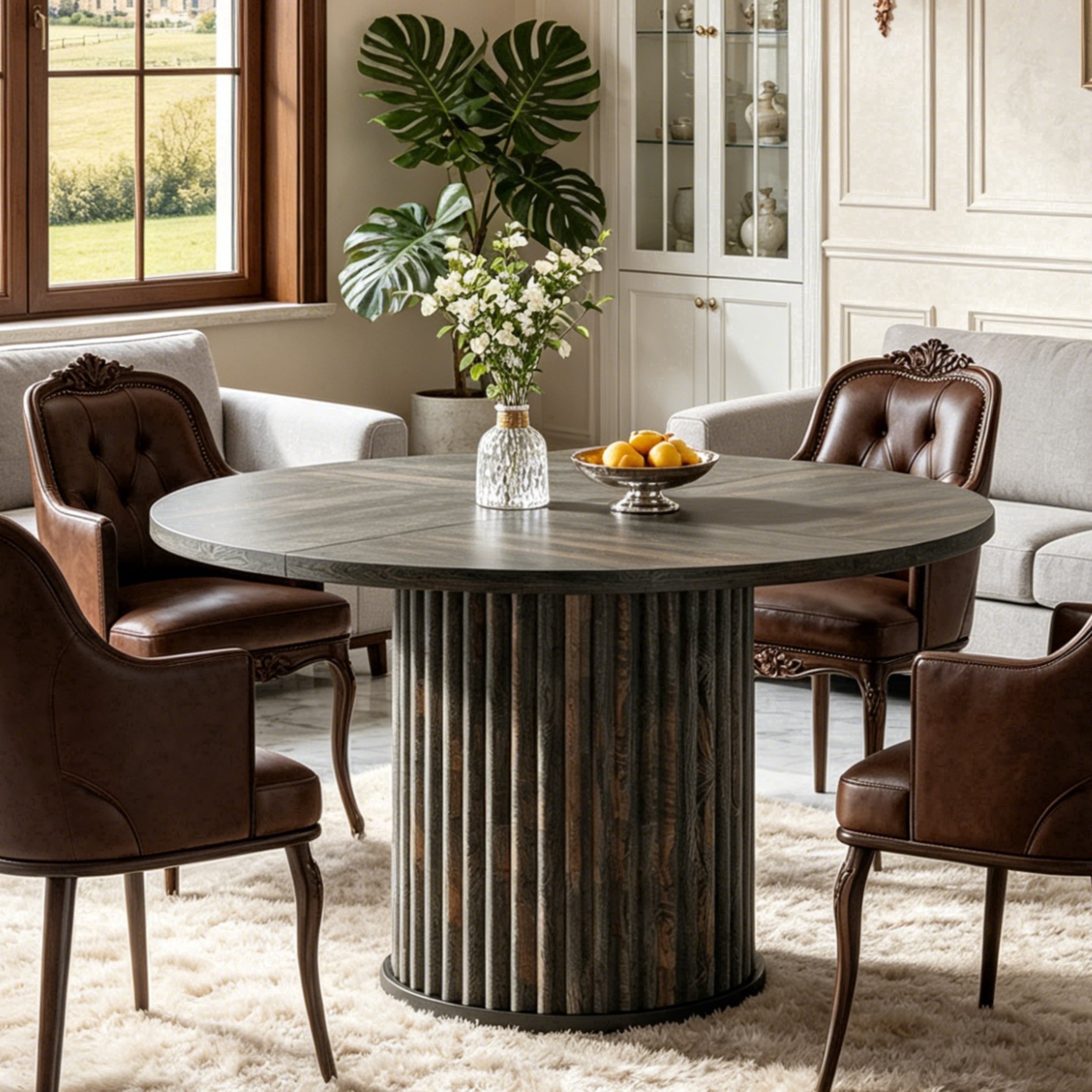 Fnova 47.24" Round Dining Table, Wood Coffee Table for 4 People, Modern Farmhouse Kitchen Table for Dining Room (Chairs Not Included),Charcoal Black