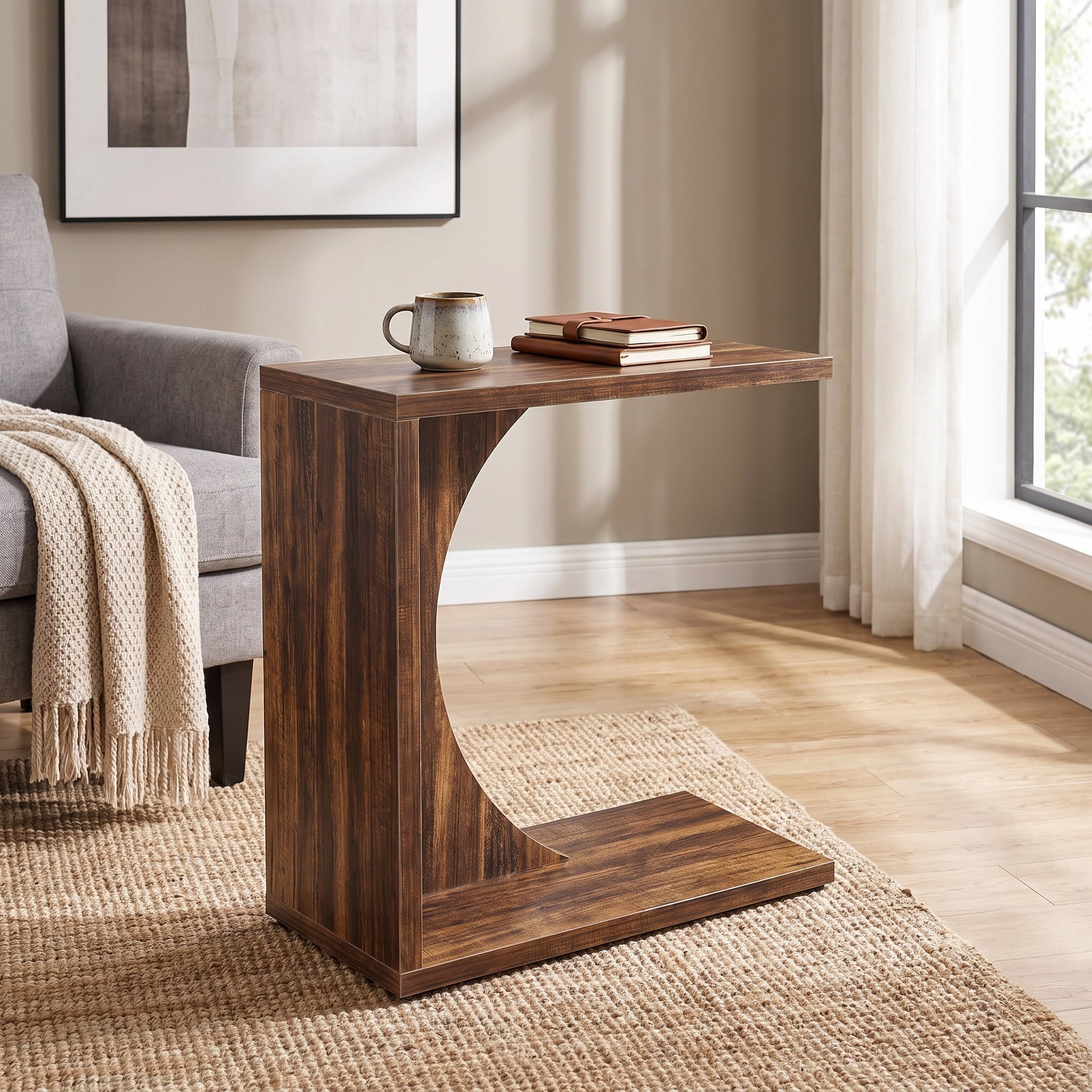 Fnova End Table Farmhouse C-shaped Side Table, Narrow Wooden Sofa Table with Space-Saving Design, Modern Bedside Table, Easy Assembly, Corner Table for Living Room, Bedroom, Nightstand, Rustic Oak,WM010124_RO_US