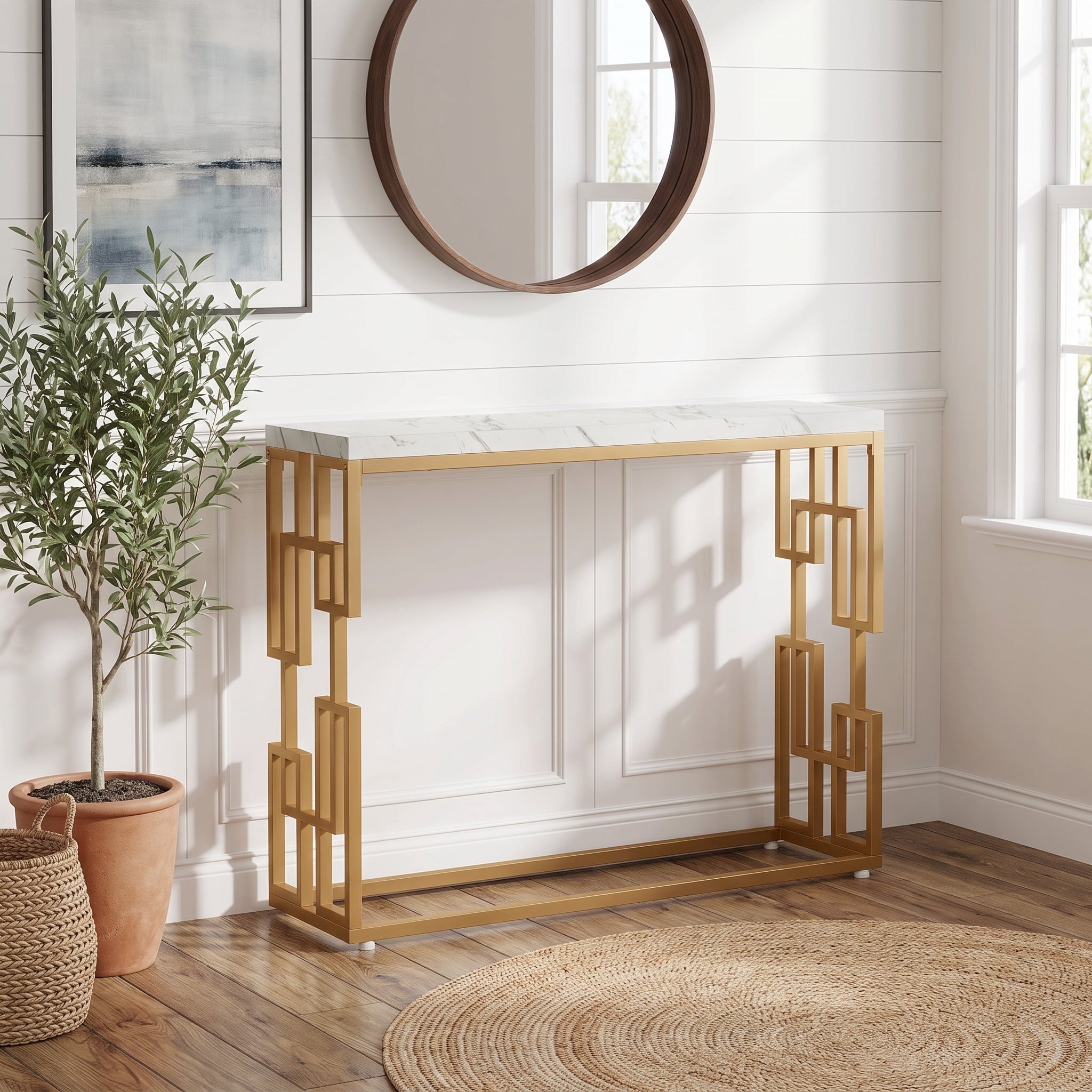 Fnova 42.51-Inch Geometric Openwork Console Table, Spill Resistant Marble Veneer Top Metal Sofa Table for Entryway Hallway Living Room Foyer Display,WM010960_WG_US